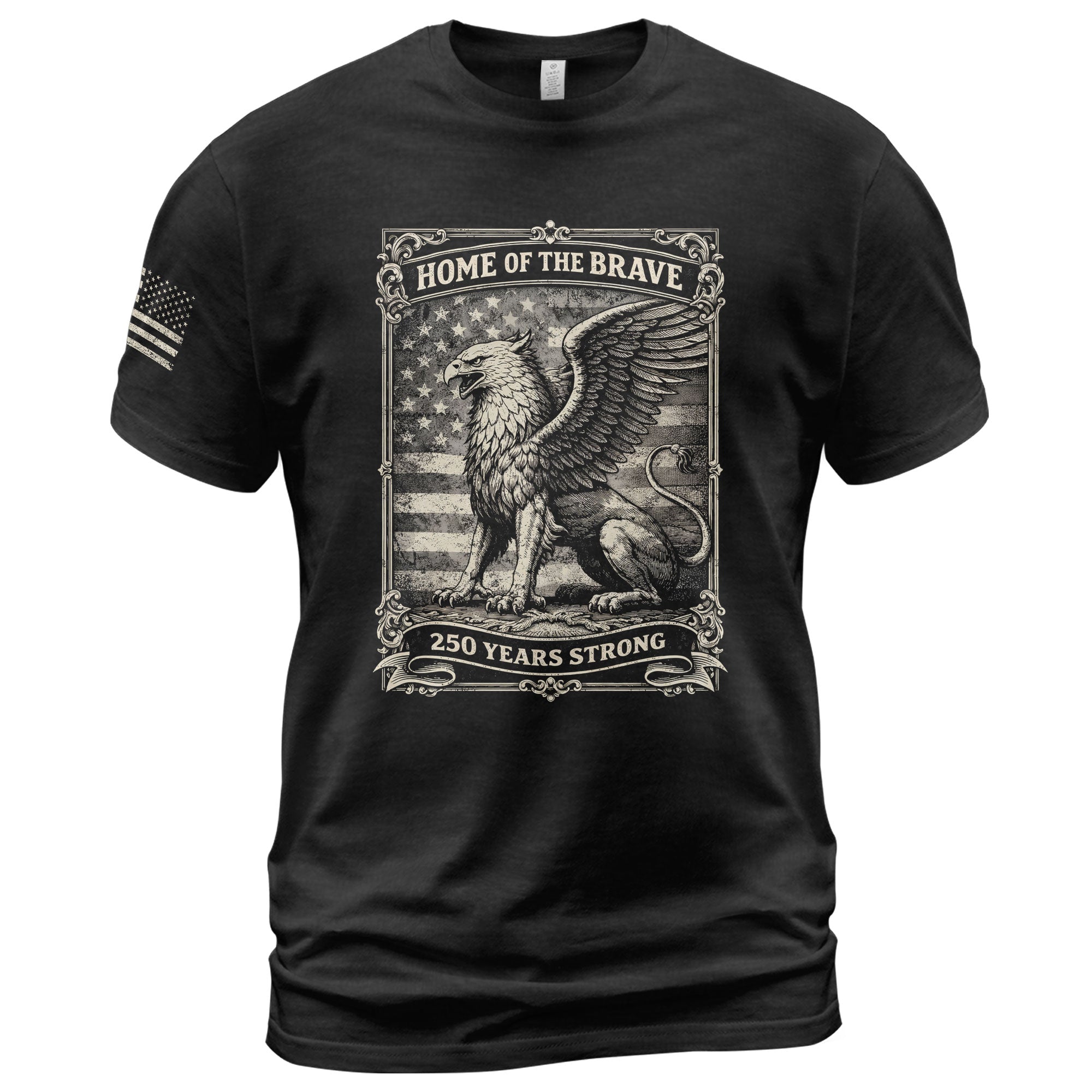 America 250th Anniversary T-Shirt 1776-2026 – Home of the Brave Griffin & Flag Tee - Rust Field Wear
