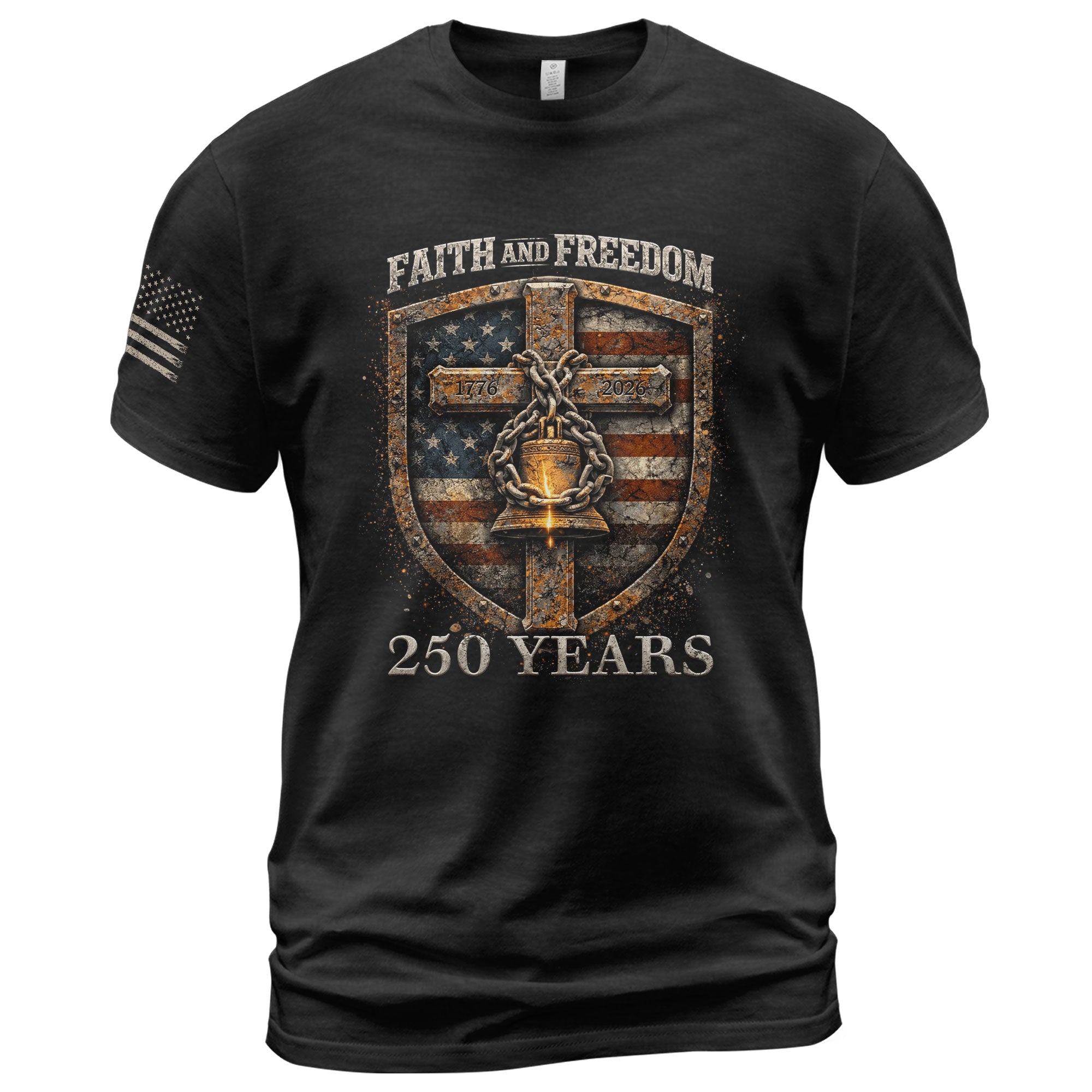 America 250th Anniversary T-Shirt 1776-2026 – Shield of Faith & Liberty Bell Christian Shirt - Rust Field Wear