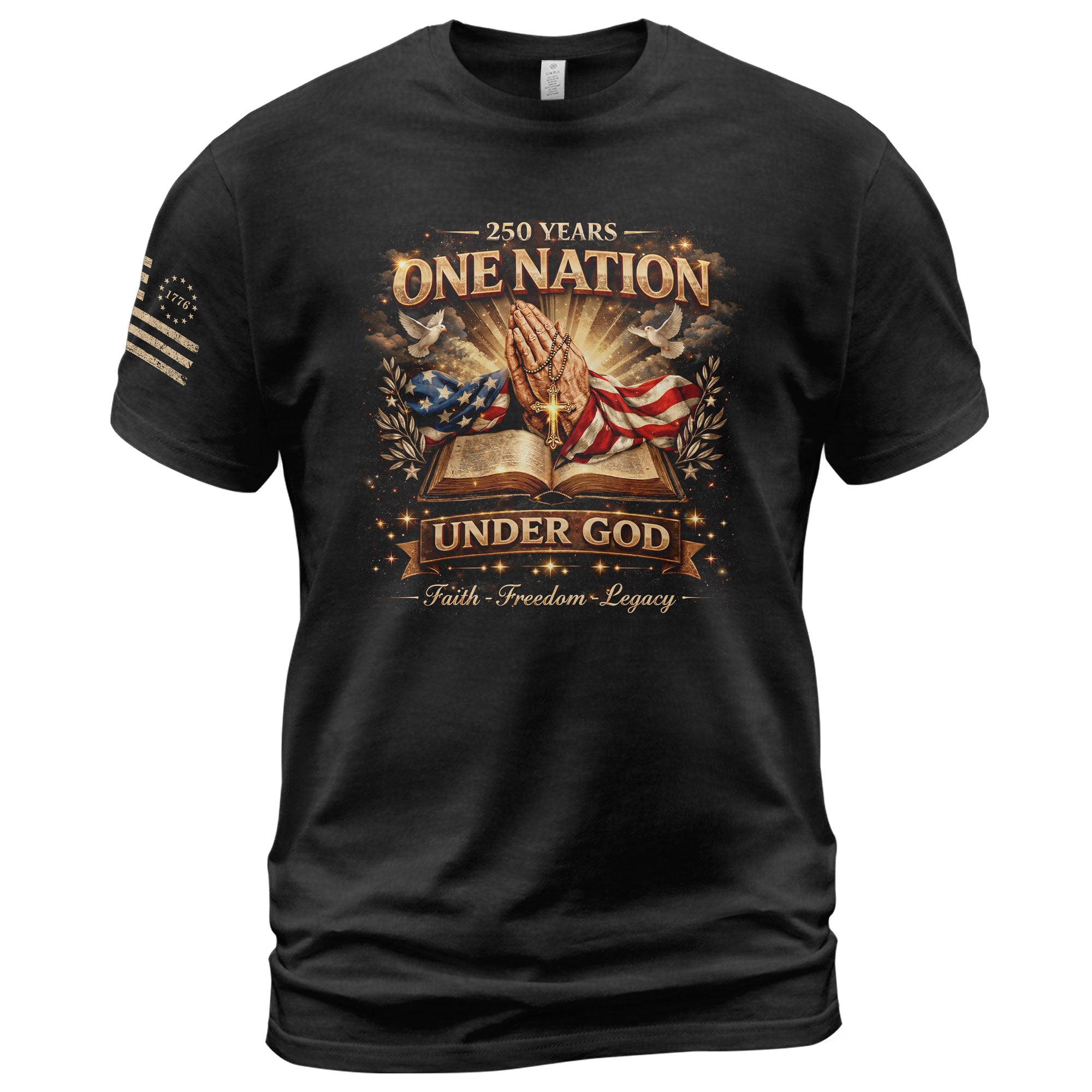 One Nation Under God 250th Birthday of America 1776-2026 T-Shirt – Faith Freedom Legacy Praying Hands Patriotic Merchandise - Rust Field Wear