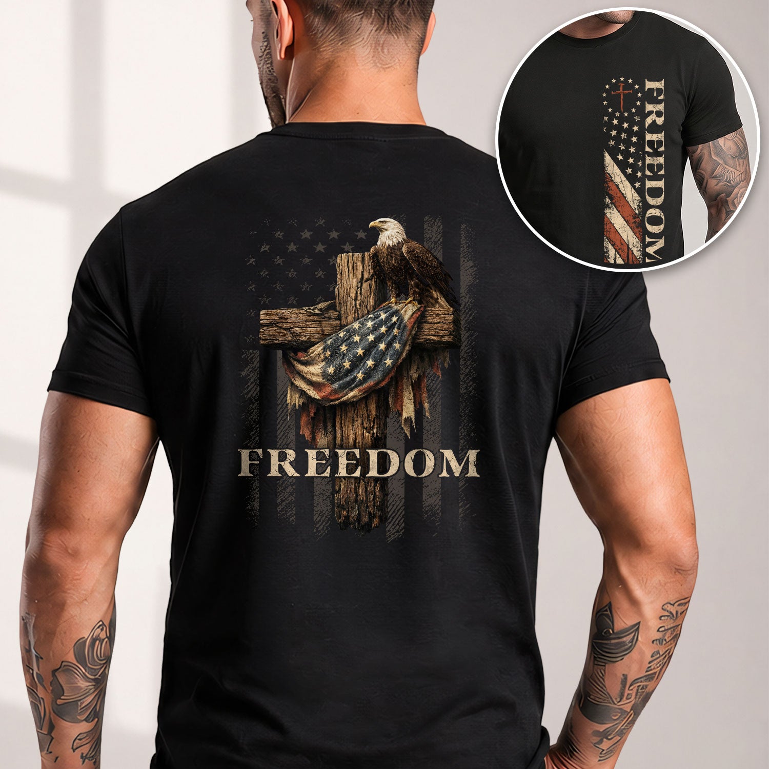 Freedom Shirts for Men, Vintage Freedom Eagle Cross Retro US Flag and Patriotic Wooden Cross - Patriotic T Shirts - Rust Field Wear