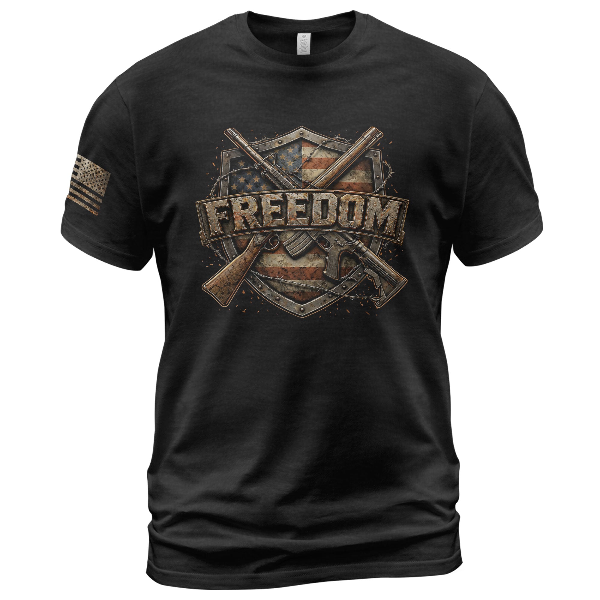 Freedom Shield Patriotic 2nd Amendment and American Flag Rifles - Freedom T Shirt, Patriotic Shirts for Men - Rust Field Wear