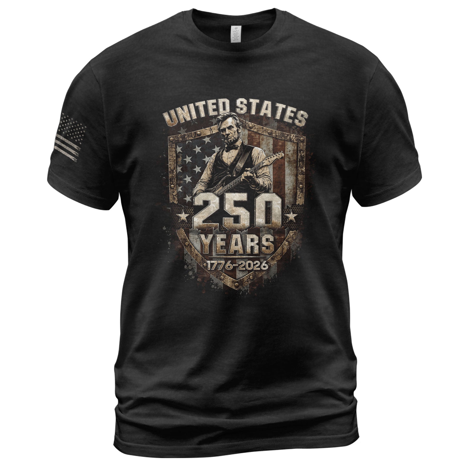 Rustic Shield Lincoln Guitar Shirt Vintage 1776 2026 US Flag Patriotic Grunge Men Tee - Rust Field Wear