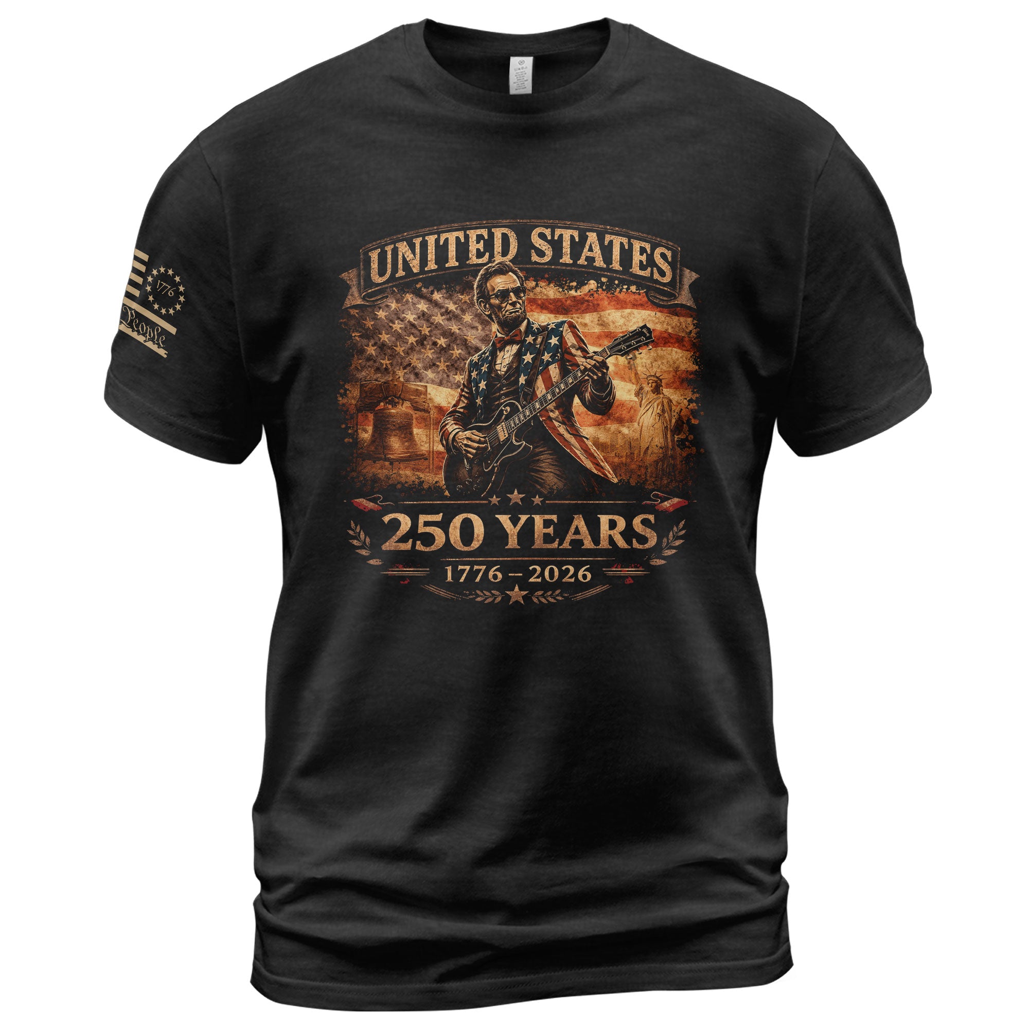 Flag Jacket Lincoln Guitar Shirt Sunglasses Liberty Bell Patriotic 1776 2026 Men Tee - Rust Field Wear