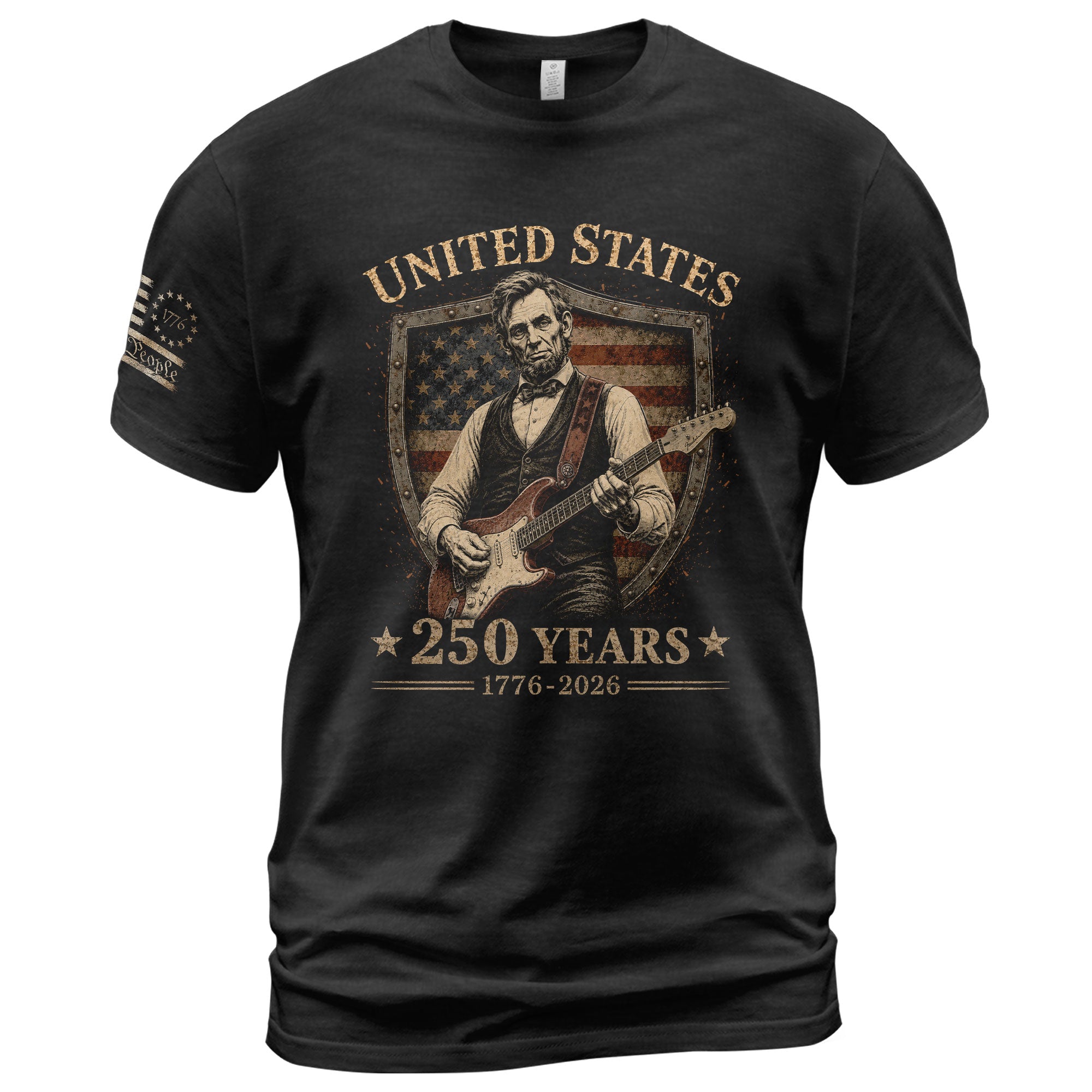 Patriotic Shield Lincoln Guitar Shirt We The People Vintage 1776 2026 US Flag Men Tee - Rust Field Wear