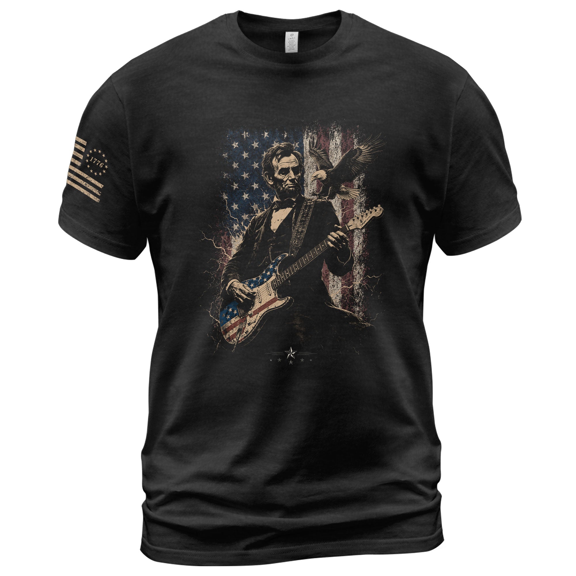 Abraham Lincoln Playing Guitar Shirt Patriotic Eagle US Flag Graphic Tee - Rust Field Wear
