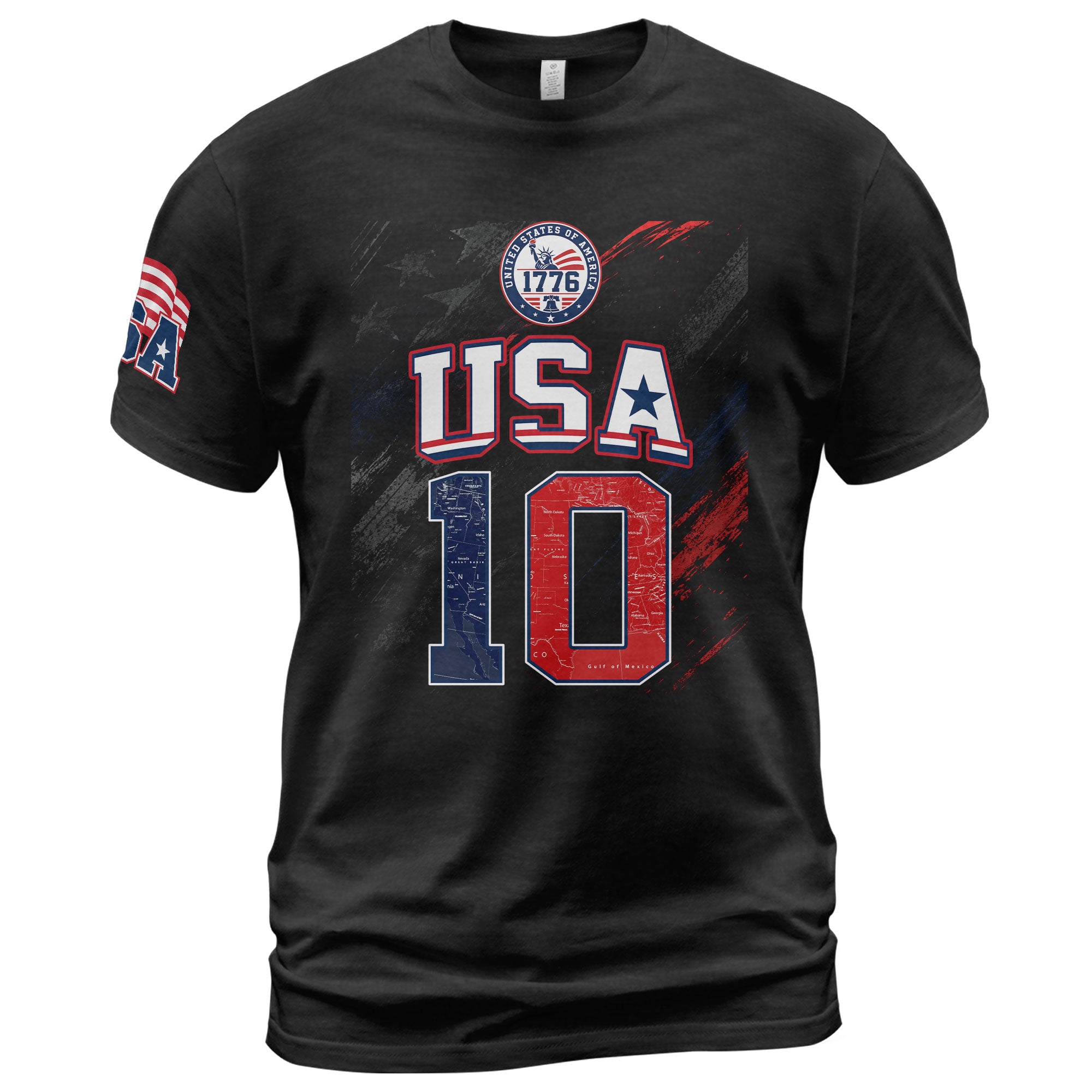 USA 1776 Sport Graphic Tee Patriotic Number 10 Map Design Casual Short Sleeve Shirt - Rust Field Wear