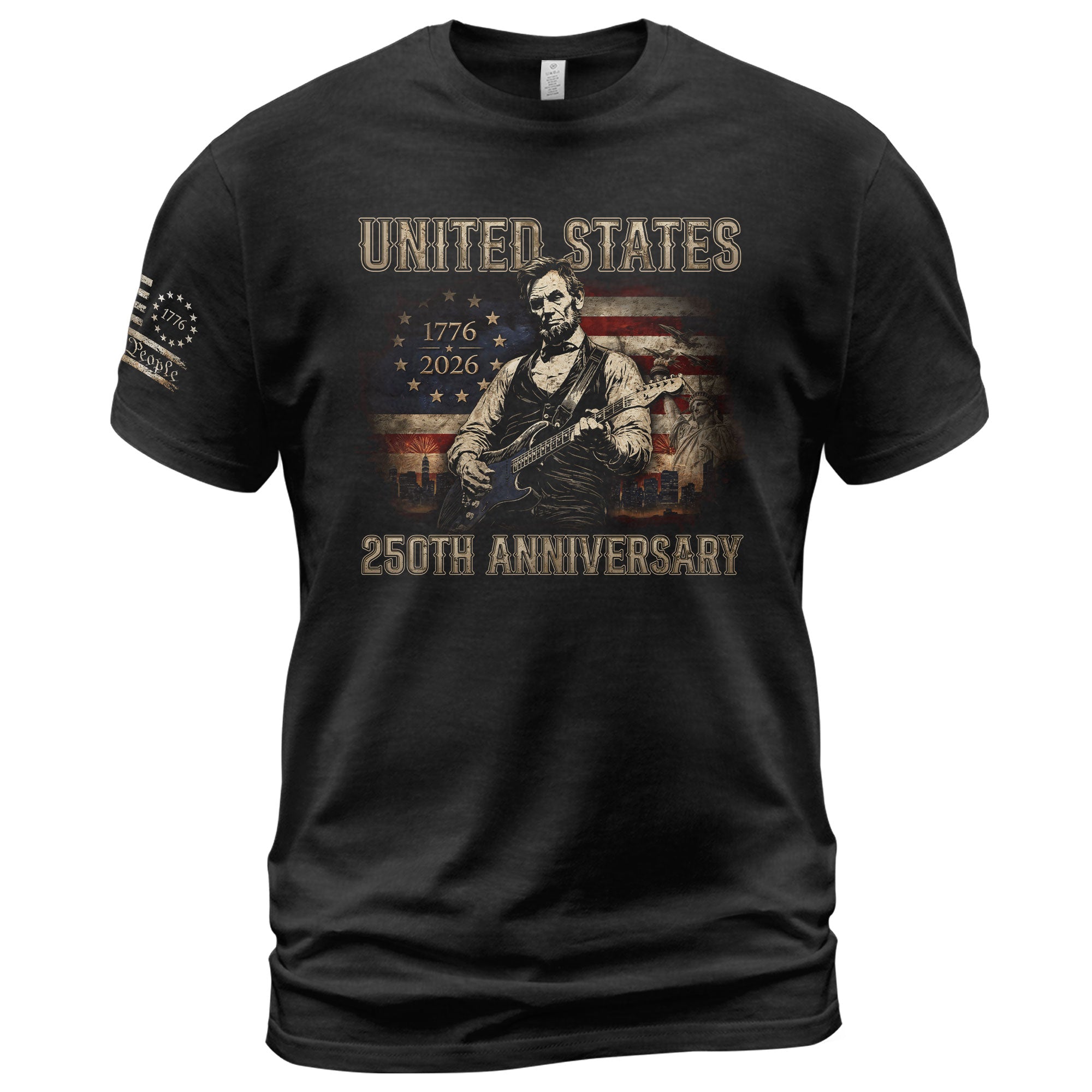 Abraham Lincoln T-Shirt Playing Guitar 1776 2026 Patriotic US Flag 250th Anniversary - Rust Field Wear