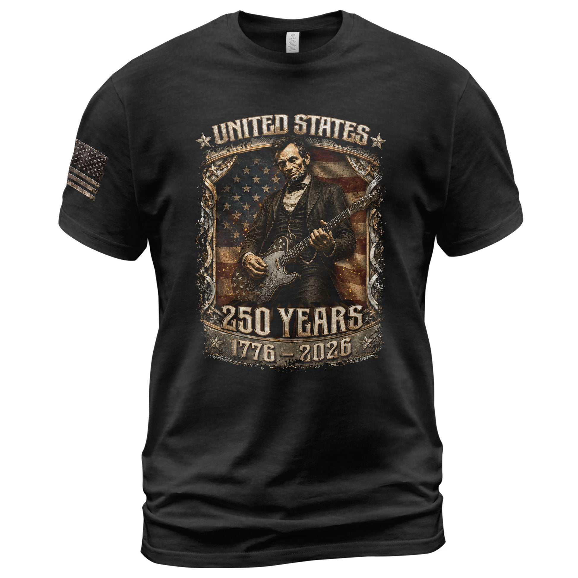 Abraham Lincoln T-Shirt Playing Guitar 1776 2026 Patriotic US Flag Retro Graphic Tee - Rust Field Wear