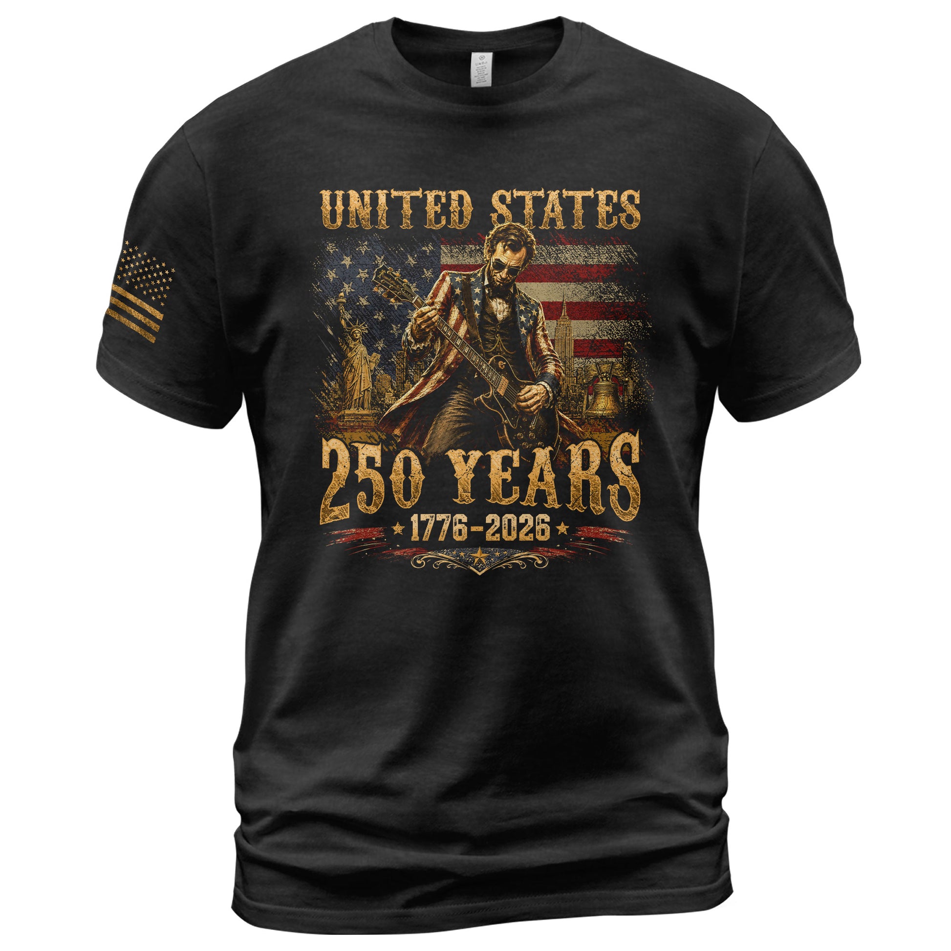 Abraham Lincoln T-Shirt Playing Guitar 1776 2026 Patriotic Statue Liberty Graphic Tee - Rust Field Wear
