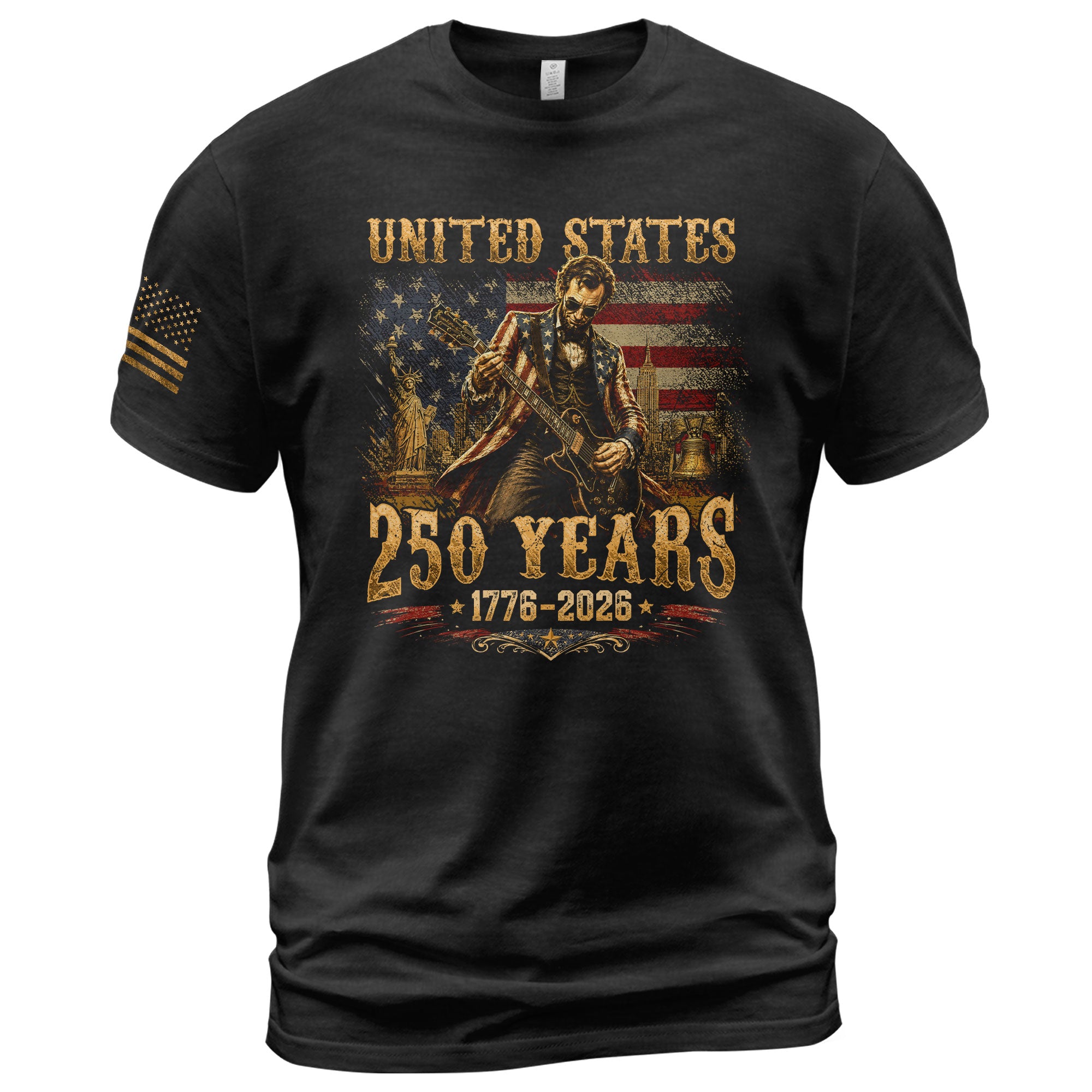Abraham Lincoln T-Shirt Playing Guitar 1776 2026 Patriotic Statue Liberty Graphic Tee - Rust Field Wear