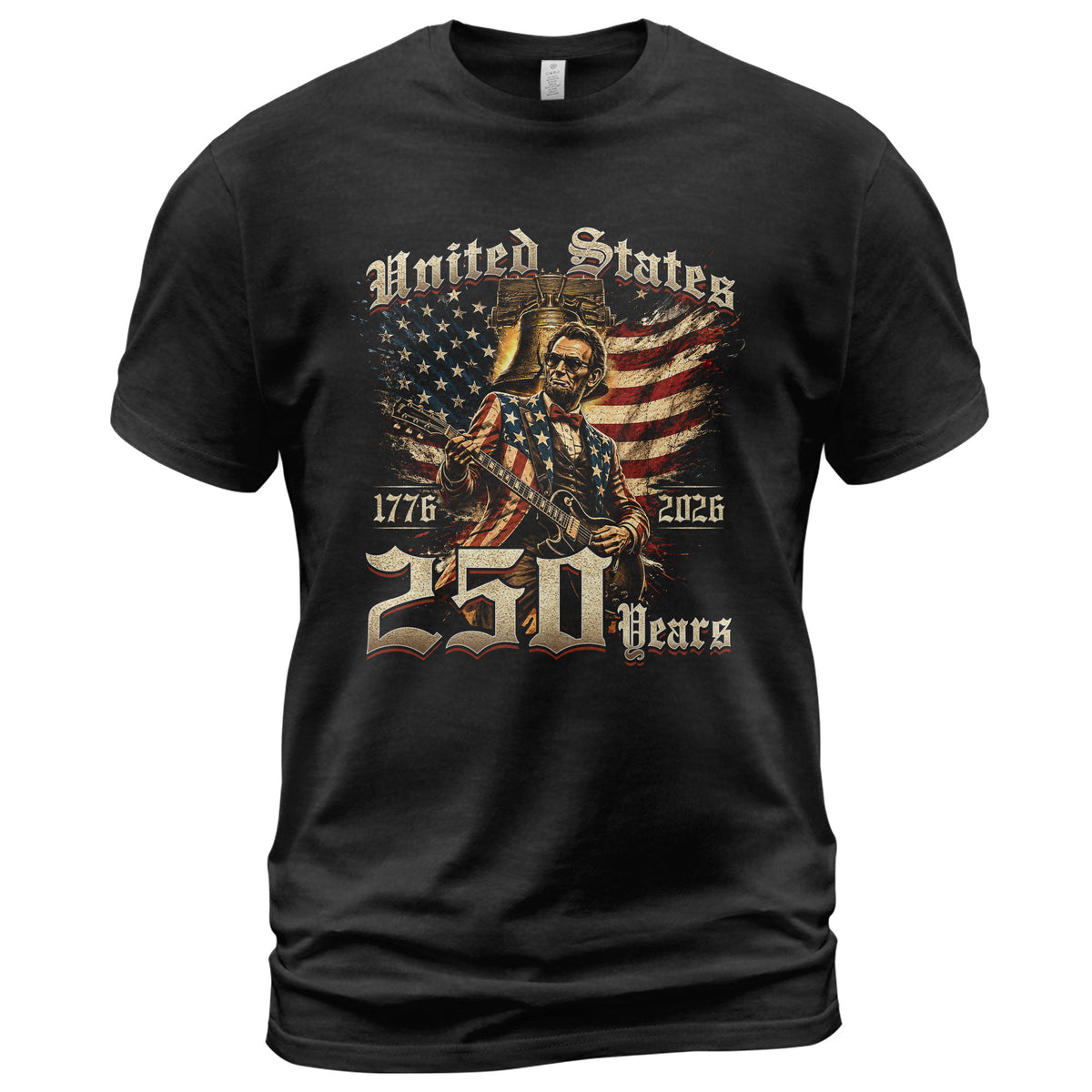 Lincoln Rock Guitar Patriotic T-Shirt - Vintage 1776 2026 Liberty Bell Graphic Tee - Rust Field Wear