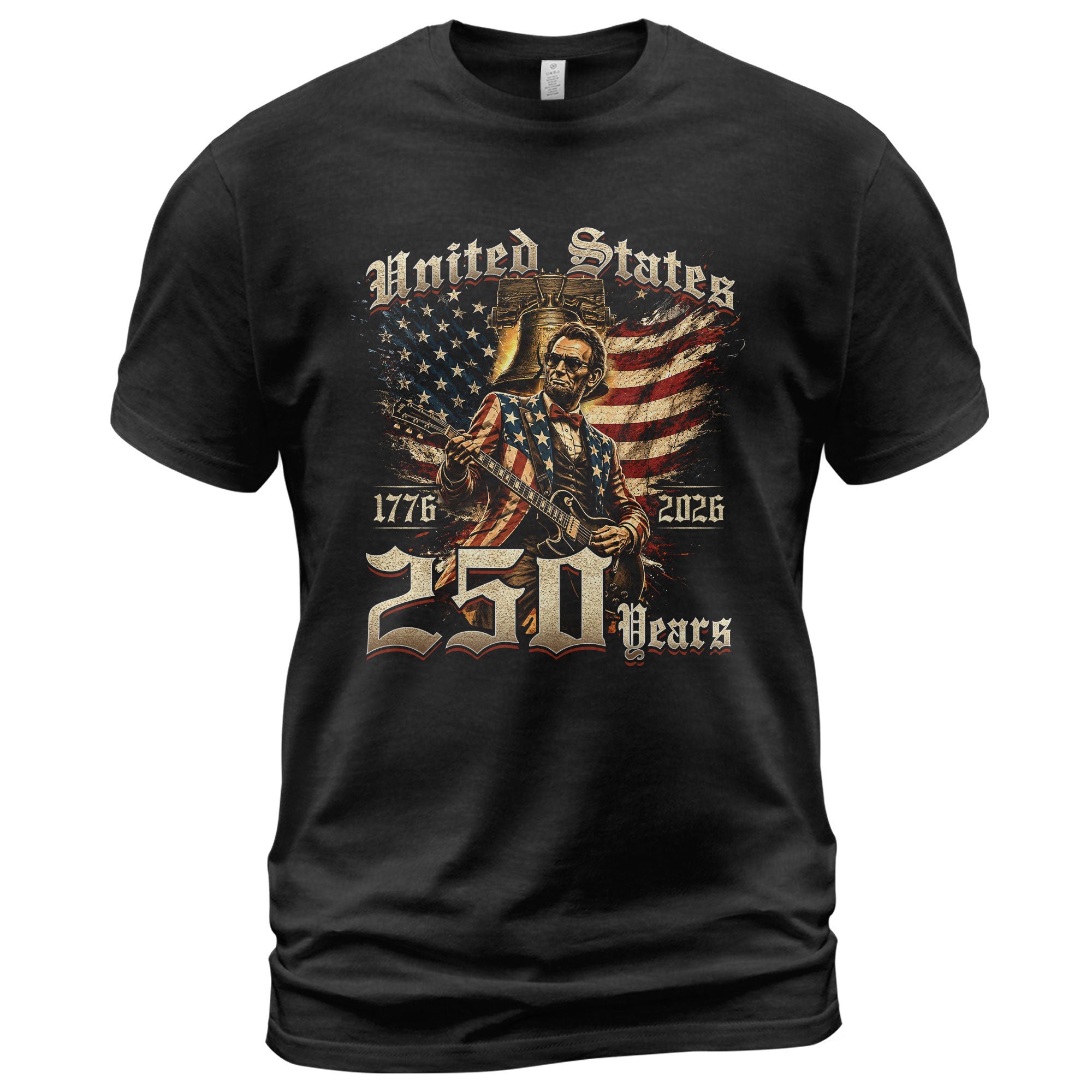 Lincoln Rock Guitar Patriotic T-Shirt - Vintage 1776 2026 Liberty Bell Graphic Tee - Rust Field Wear