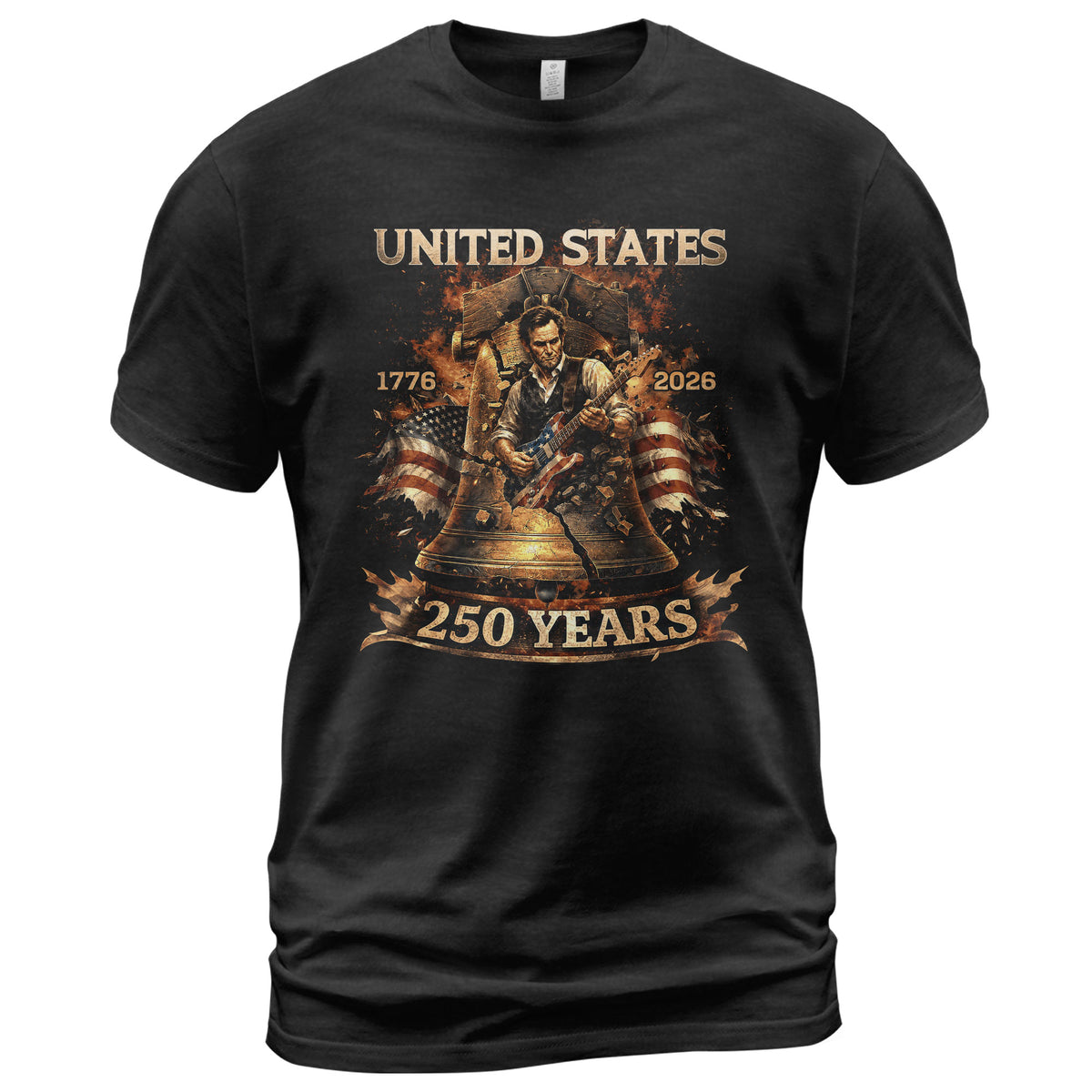 Liberty Bell Guitar Patriotic T-Shirt - Vintage 1776 2026 Historical Graphic Tee - Rust Field Wear