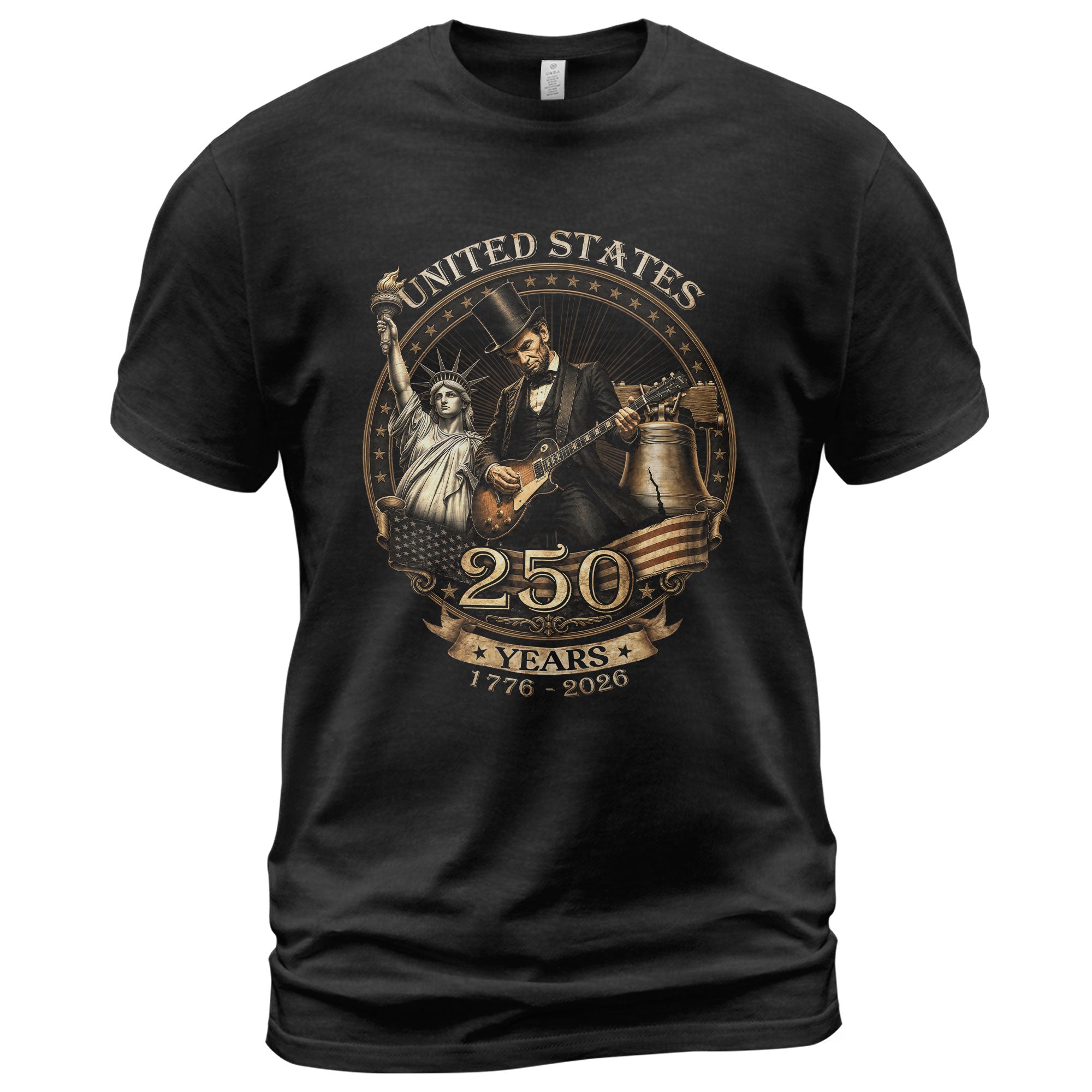 Lincoln Rock Guitar Patriotic T-Shirt - Vintage Statue of Liberty 1776 2026 Apparel - Rust Field Wear
