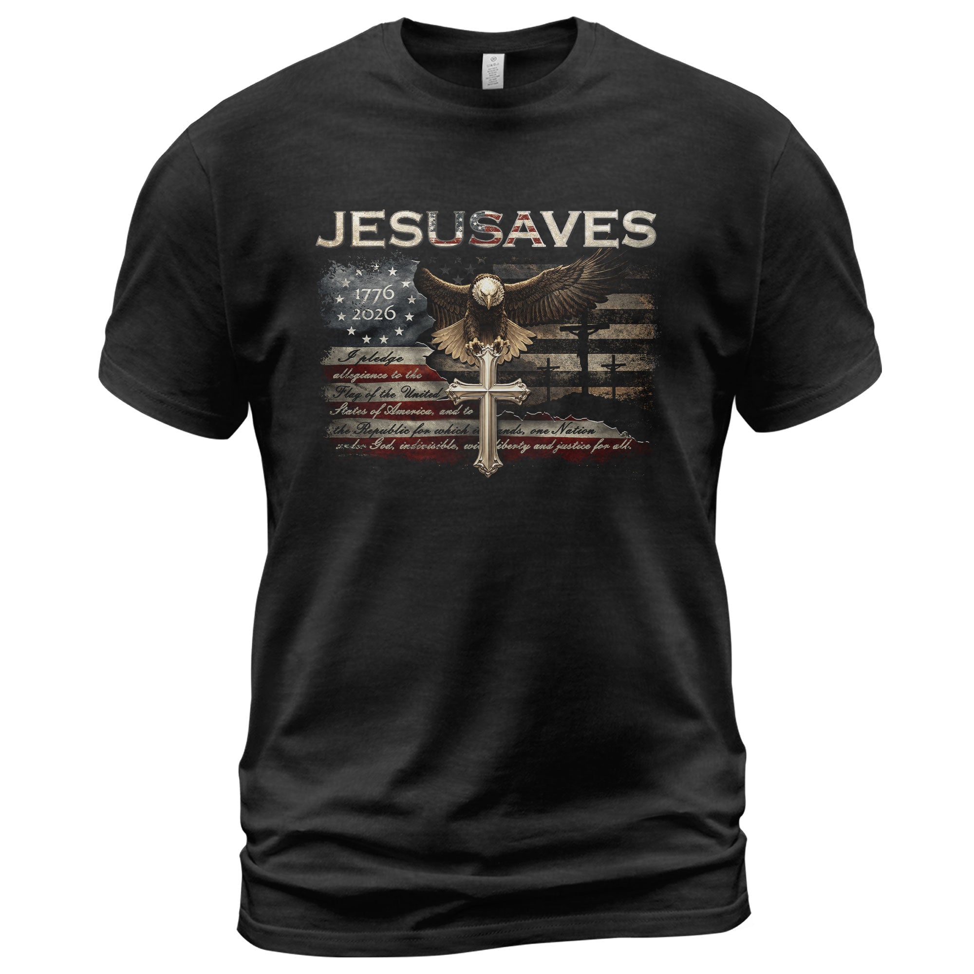 JESUSAVES Graphic T Shirt Patriotic American Eagle Cross Religious Faith Apparel - Rust Field Wear