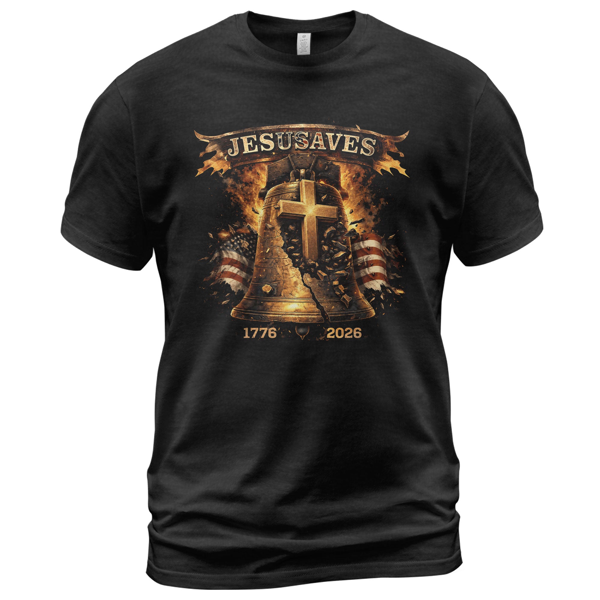 Faith Based JESUSAVES USA Flag Liberty Bell Graphic Tee 1776 to 2026 Commemorative Top - Rust Field Wear