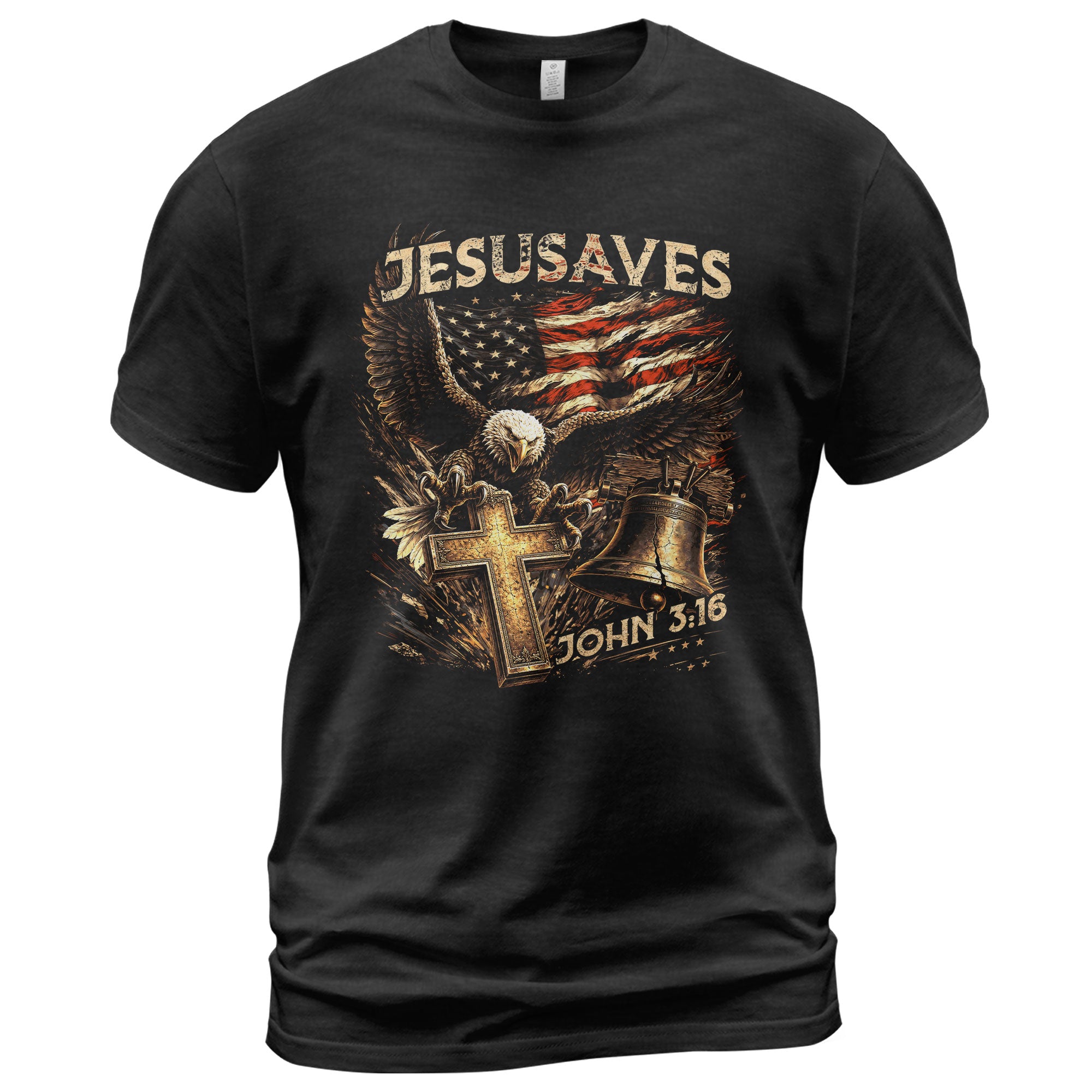 JESUSAVES John 3 16 Patriotic Graphic T Shirt American Eagle Cross Liberty Bell Tee - Rust Field Wear