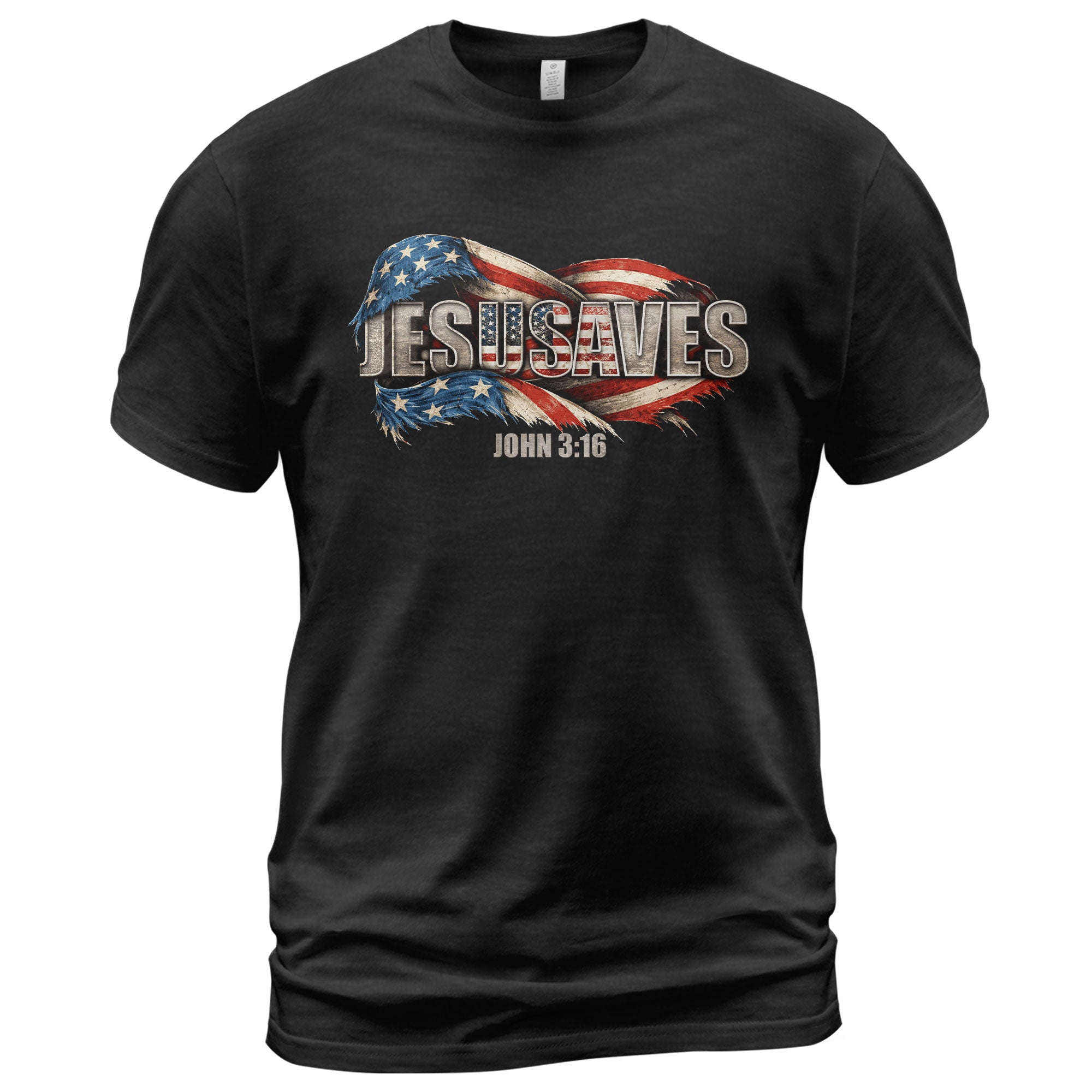 Distressed Flag JESUSAVES Graphic T Shirt John 3 16 Spiritual Patriotic Cotton Top - Rust Field Wear