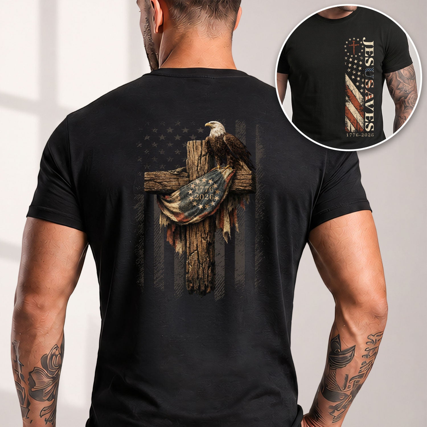 Patriotic JESUSAVES 1776-2026 Eagle T-Shirt American Flag Design - Versatile Apparel - Rust Field Wear