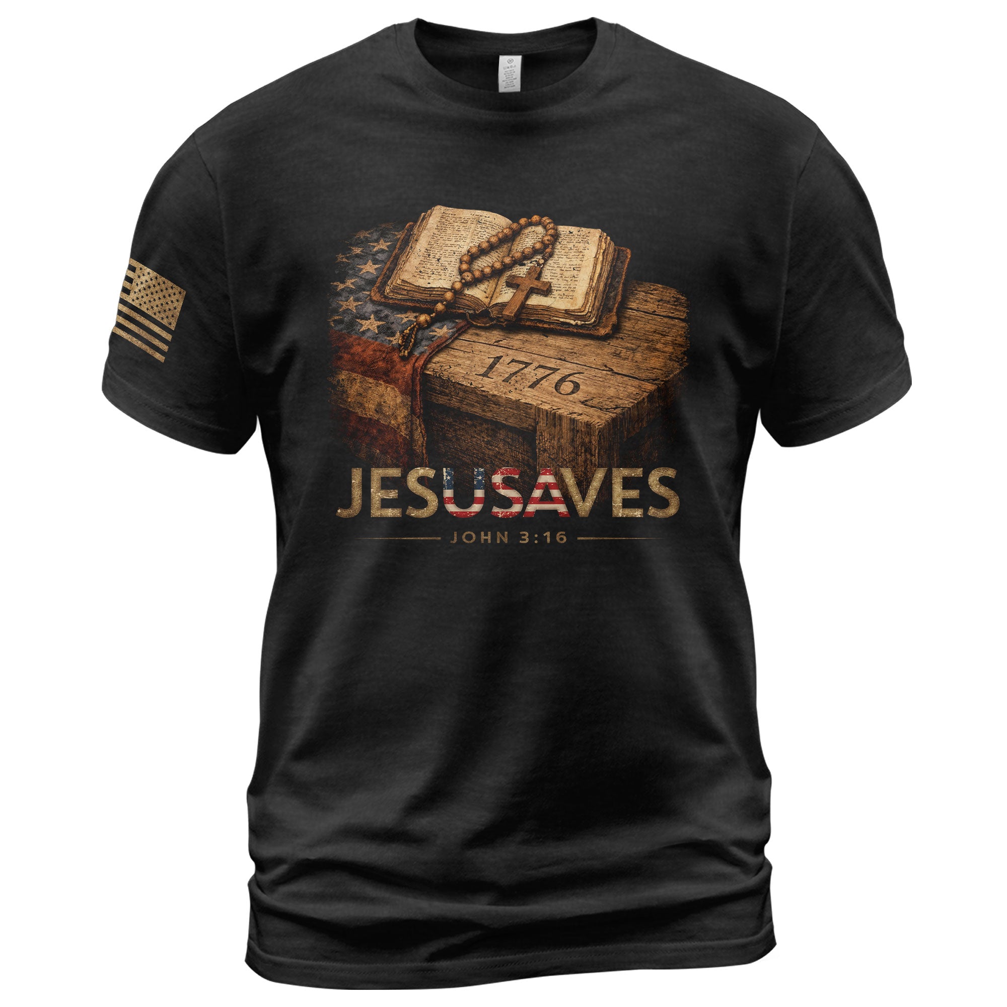 JESUSAVES 1776 Patriotic T-Shirt - Vintage American Flag Graphic Tee - Casual Apparel - Rust Field Wear