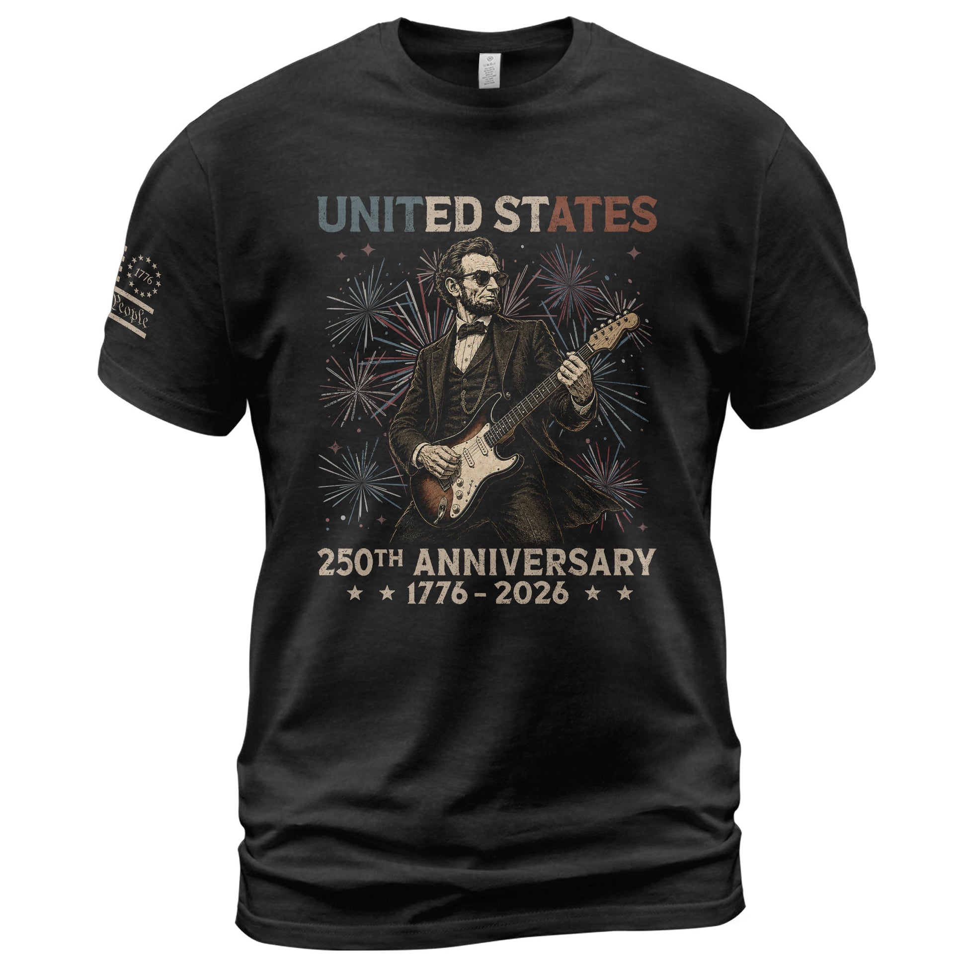 Lincoln Rock Guitar Shirt 1776 2026 Patriotic Fireworks We The People Graphic Tee - Rust Field Wear