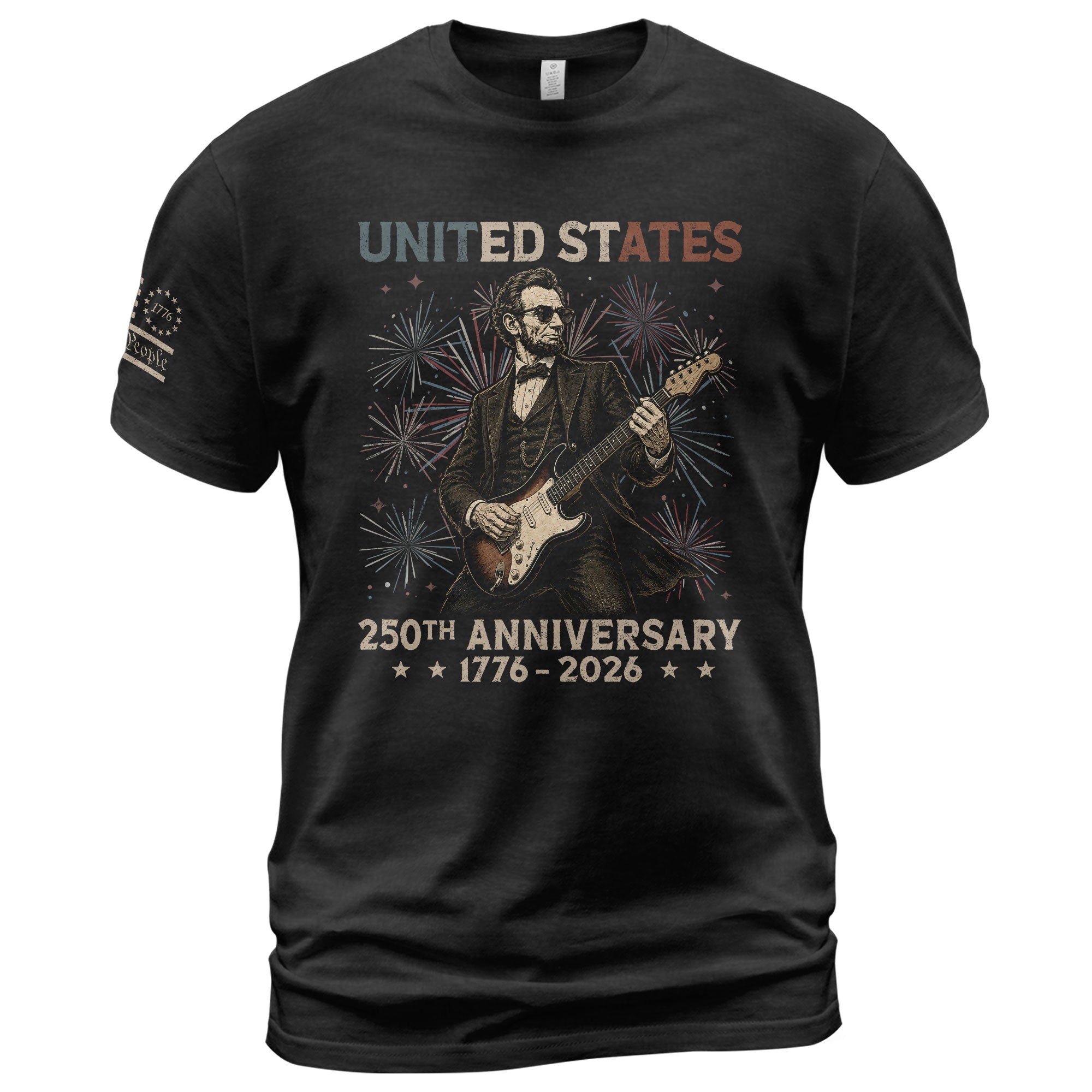 Lincoln Rock Guitar Shirt 1776 2026 Patriotic Fireworks We The People Graphic Tee - Rust Field Wear