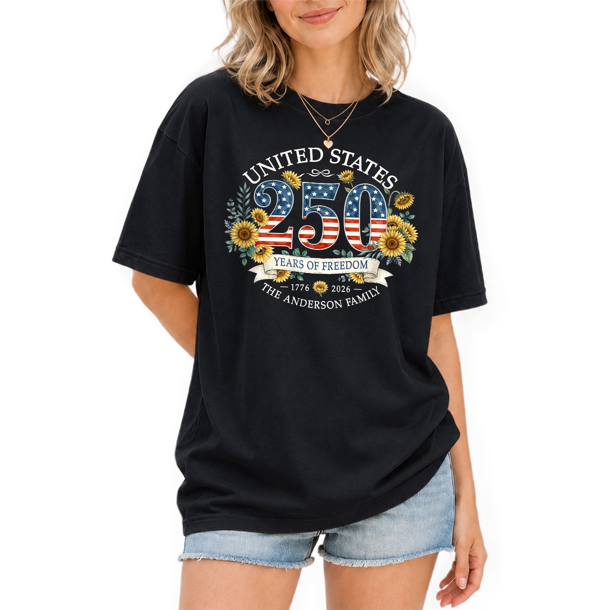 Custom Family Shirt Sunflower Navy Patriotic Flag 250th 1776 2026 4th of July Vintage Retro - Rust Field Wear