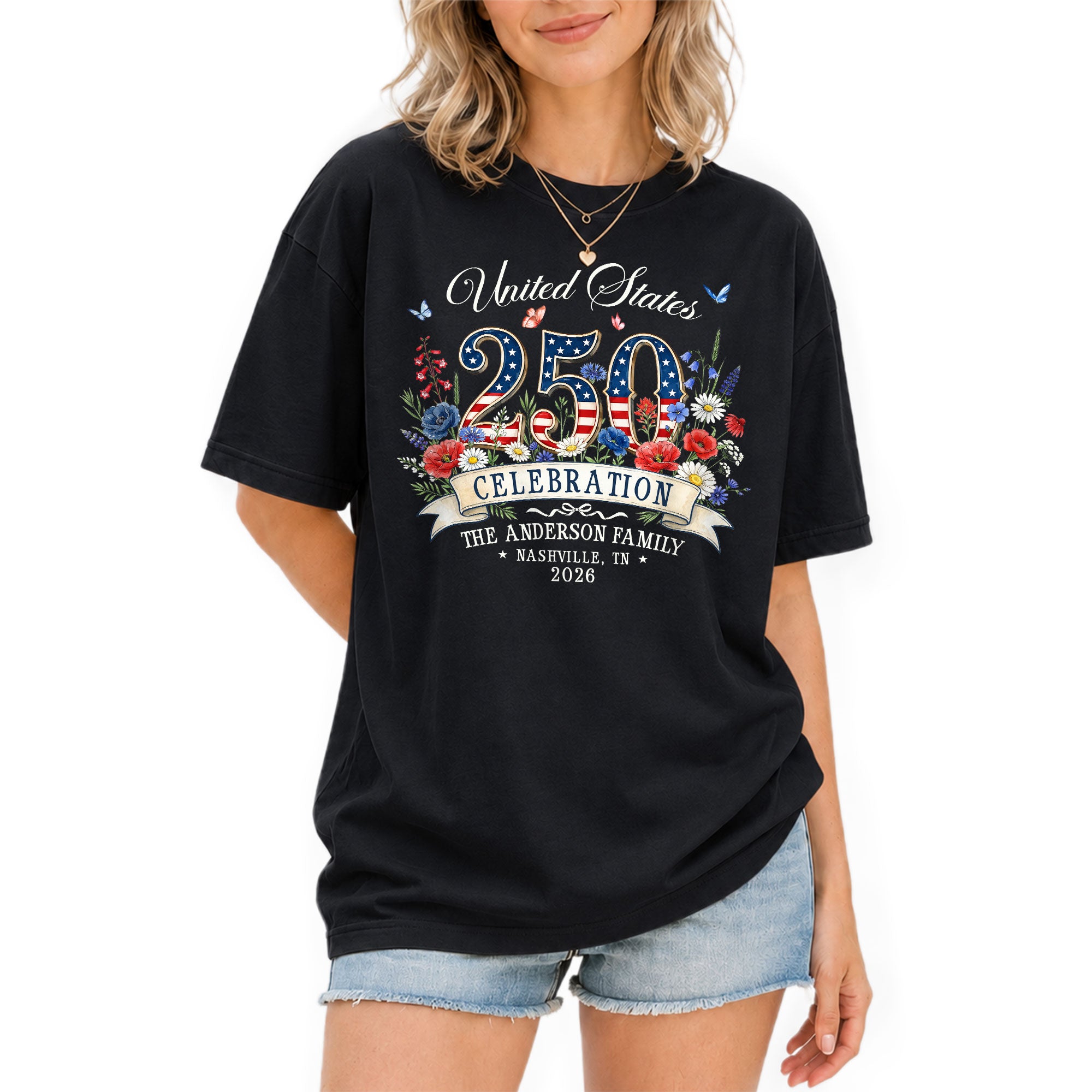 Custom Family Shirt United States Celebration 2026 250th Navy Patriotic Wildflower Graphic - Rust Field Wear