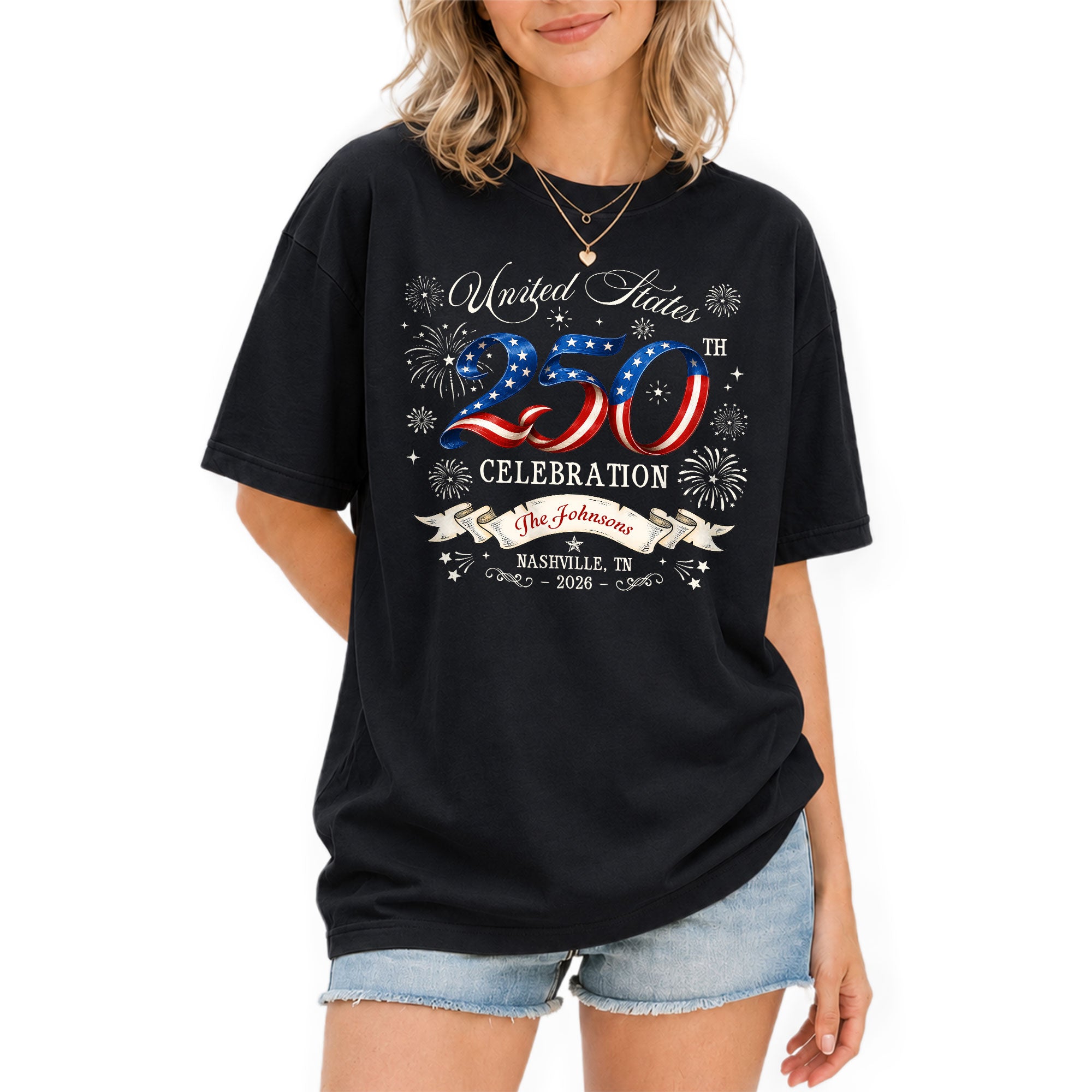Custom Family Shirt United States Celebration 2026 250th Navy Patriotic Fireworks Graphic - Rust Field Wear