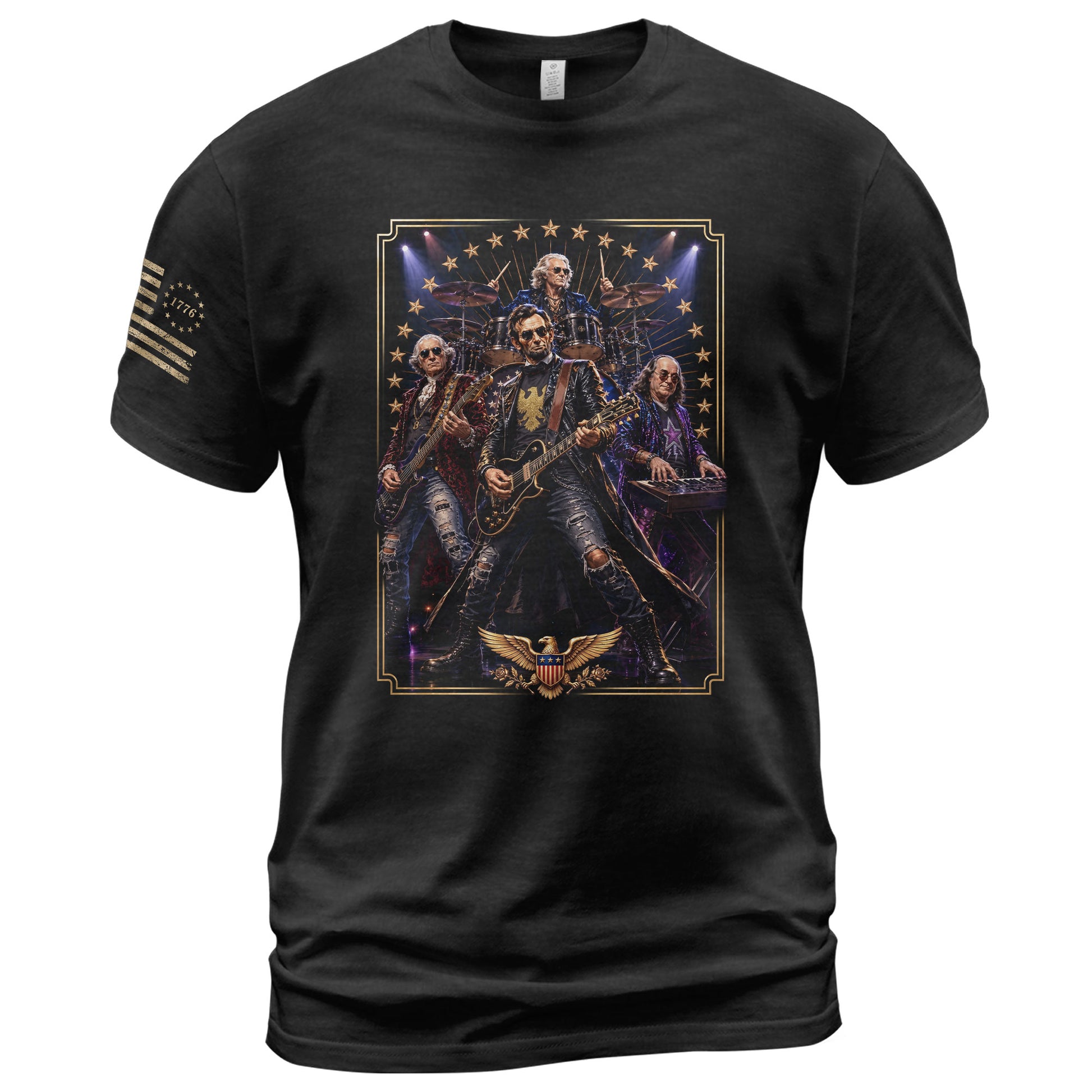 Patriotic Lincoln Guitar Player T-Shirt Vintage Rock Band Graphic Sleeve Tee - Rust Field Wear