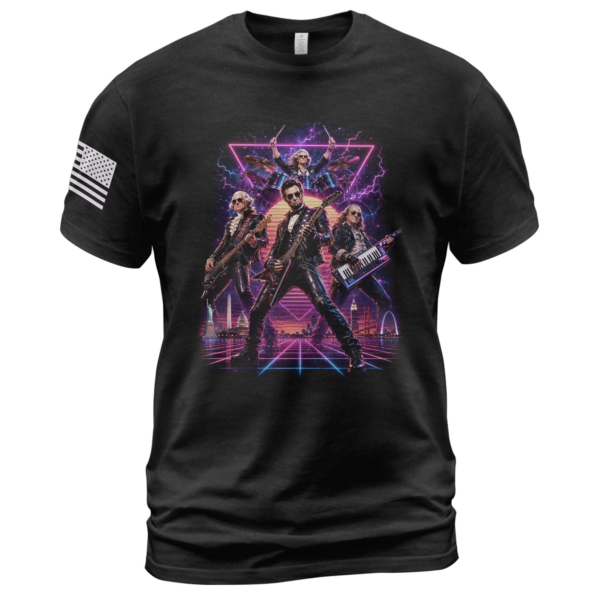 Retro Lincoln Guitar Player T-Shirt Neon Synthwave Rock Band Graphic Tee Gift - Rust Field Wear