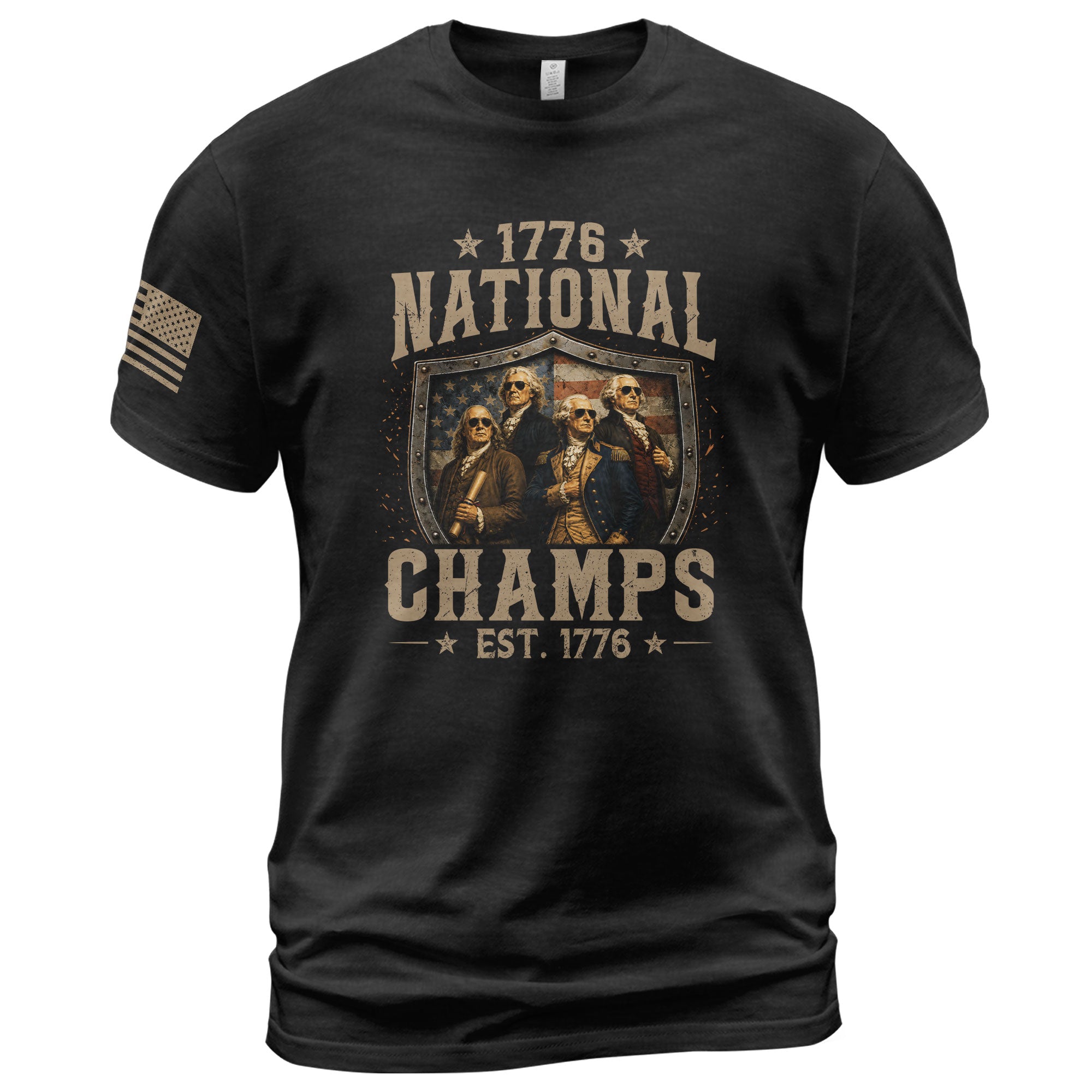 1776 National Champs Patriotic Shield Tee Founding Fathers Graphic Vintage Casual Apparel - Rust Field Wear