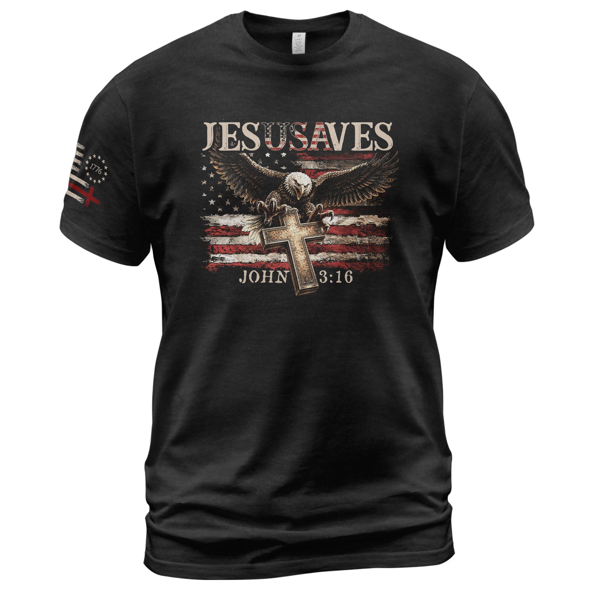 JESUSAVES T-Shirt Patriotic American Flag Bald Eagle Christian John 3:16 Religious Tee - Rust Field Wear