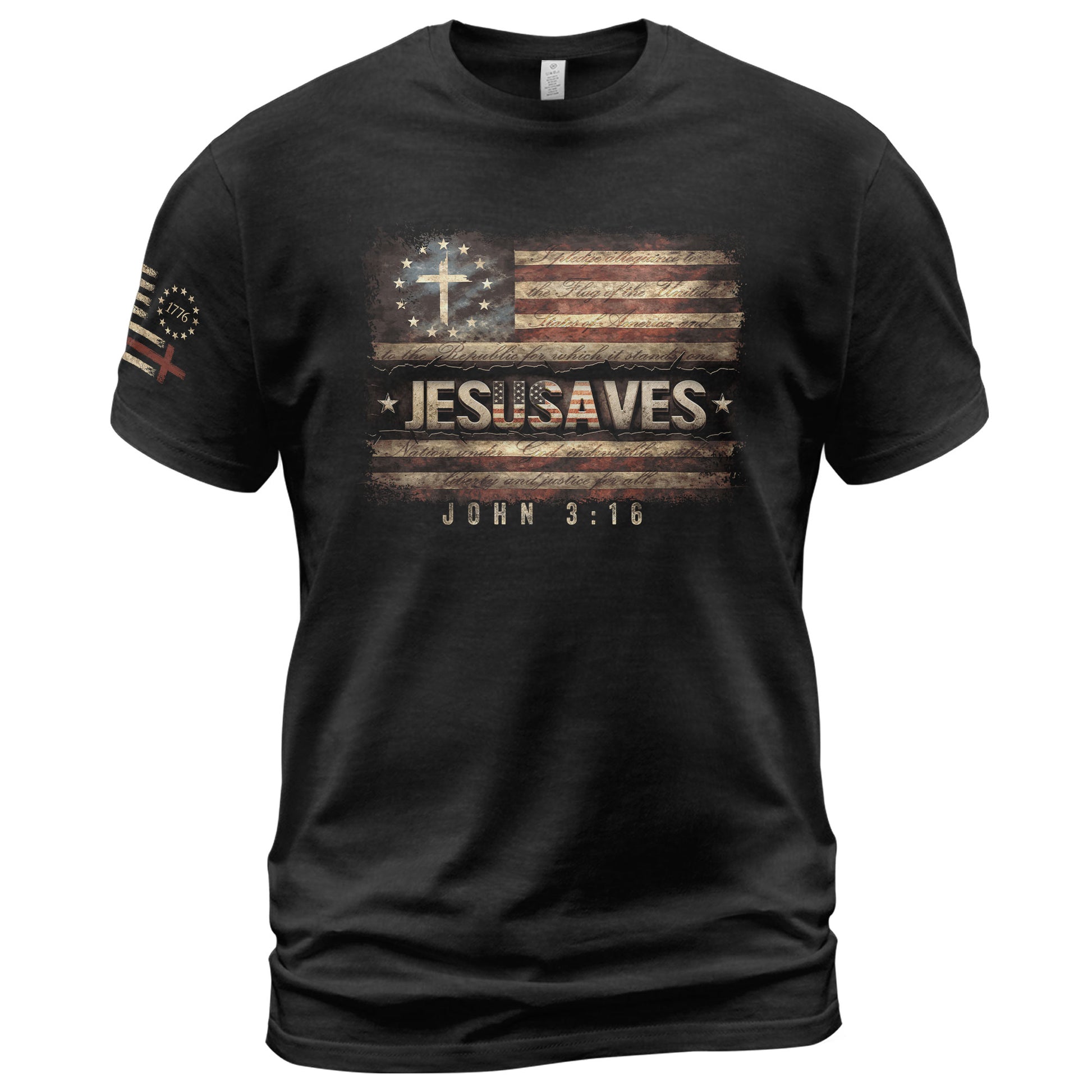 JESUSAVES T-Shirt John 3:16 Pledge of Allegiance Christian Cross Patriotic US Flag Tee - Rust Field Wear