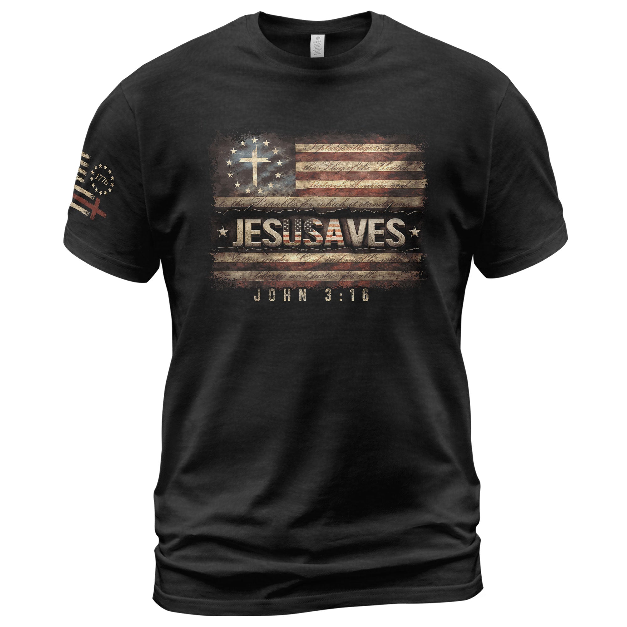 JESUSAVES T-Shirt John 3:16 Pledge of Allegiance Christian Cross Patriotic US Flag Tee - Rust Field Wear