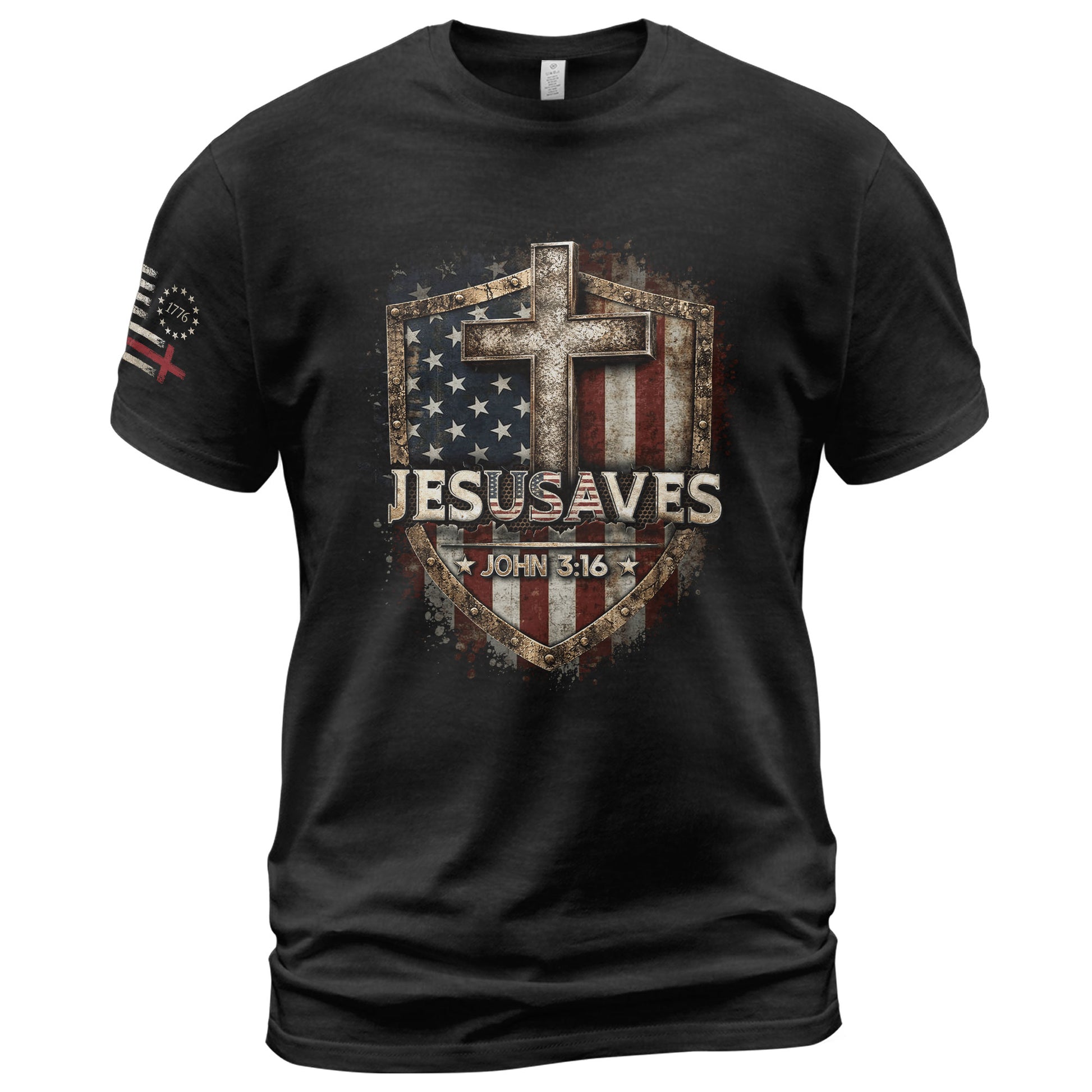 JESUSAVES T-Shirt Patriotic Shield Christian Cross American Flag John 3:16 Graphic Tee - Rust Field Wear