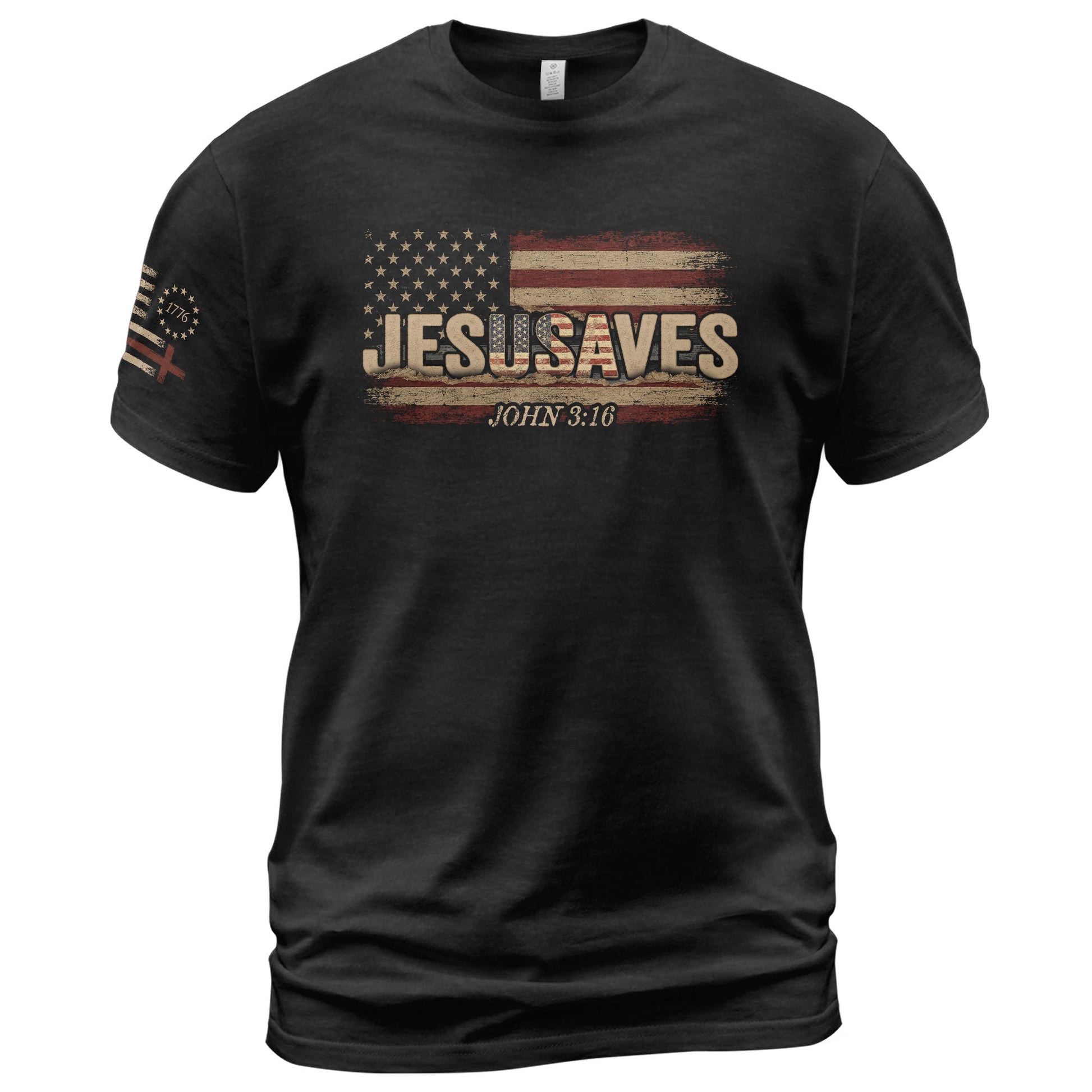 JESUSAVES T-Shirt John 3:16 Patriotic American Flag Distressed Christian Faith Tee - Rust Field Wear