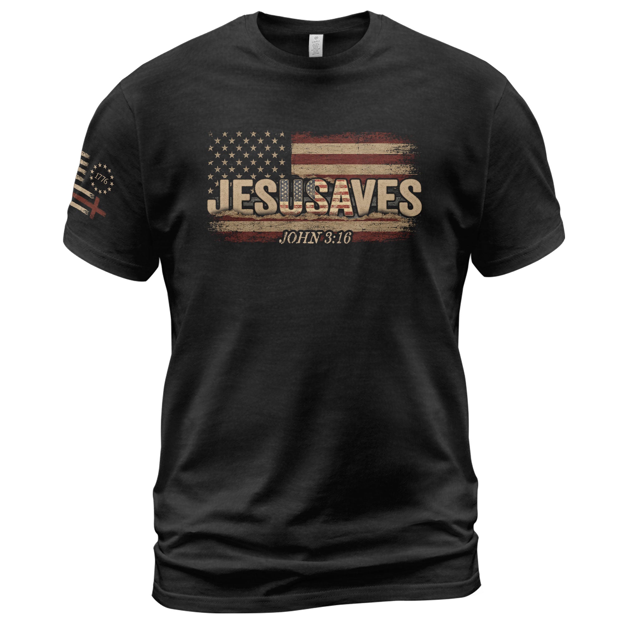 JESUSAVES T-Shirt John 3:16 Patriotic American Flag Distressed Christian Faith Tee - Rust Field Wear