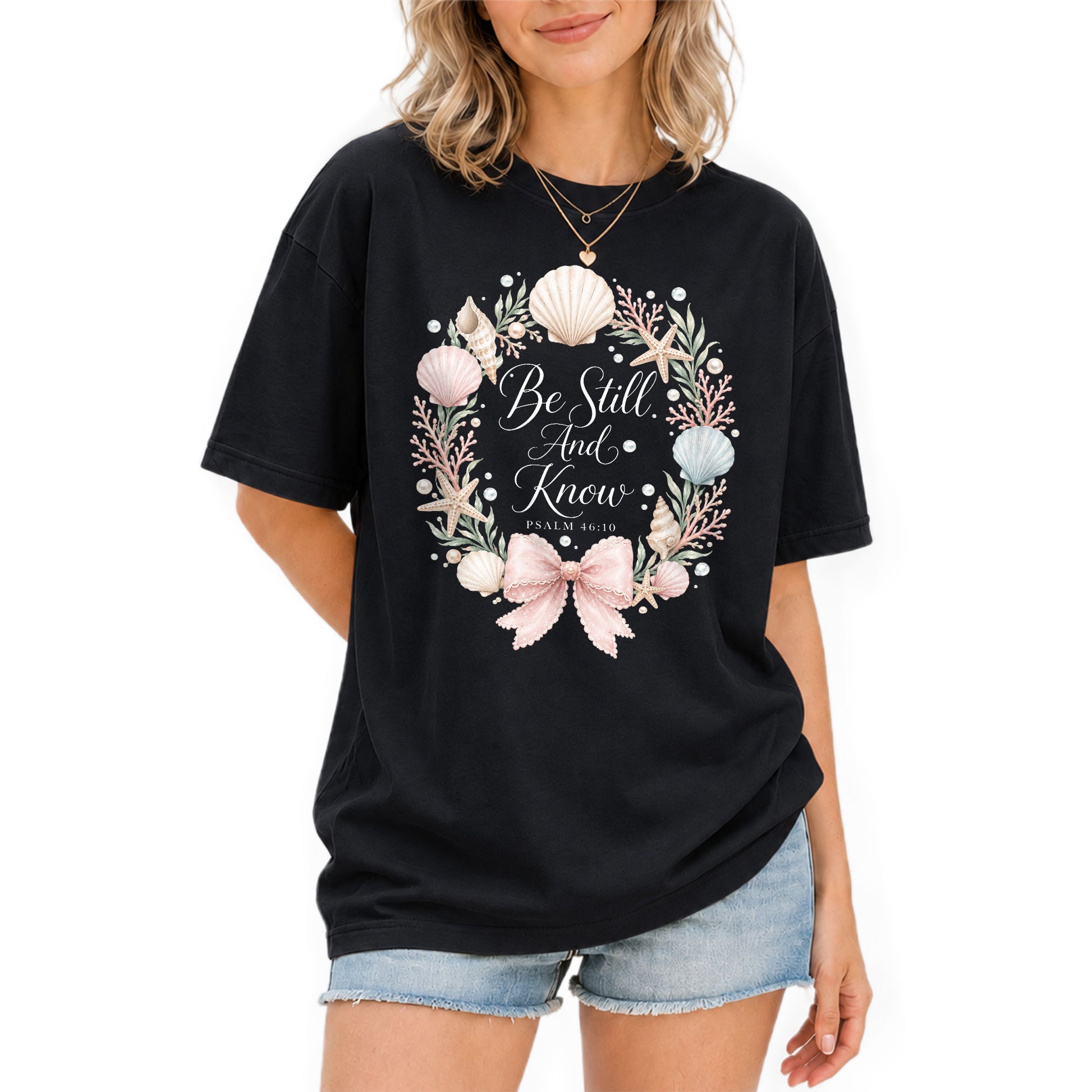 Be Still And Know Shirt Seashell Wreath Beach Christian Psalm 46 10 Faith Graphic Tee - Rust Field Wear