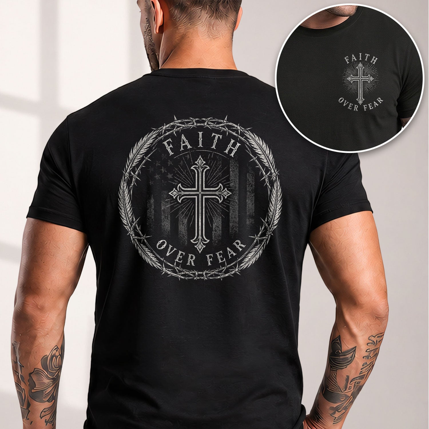 Faith Over Fear Shirt Men Christian T-Shirt Crown Thorns Cross Flag Graphic Religious Tee