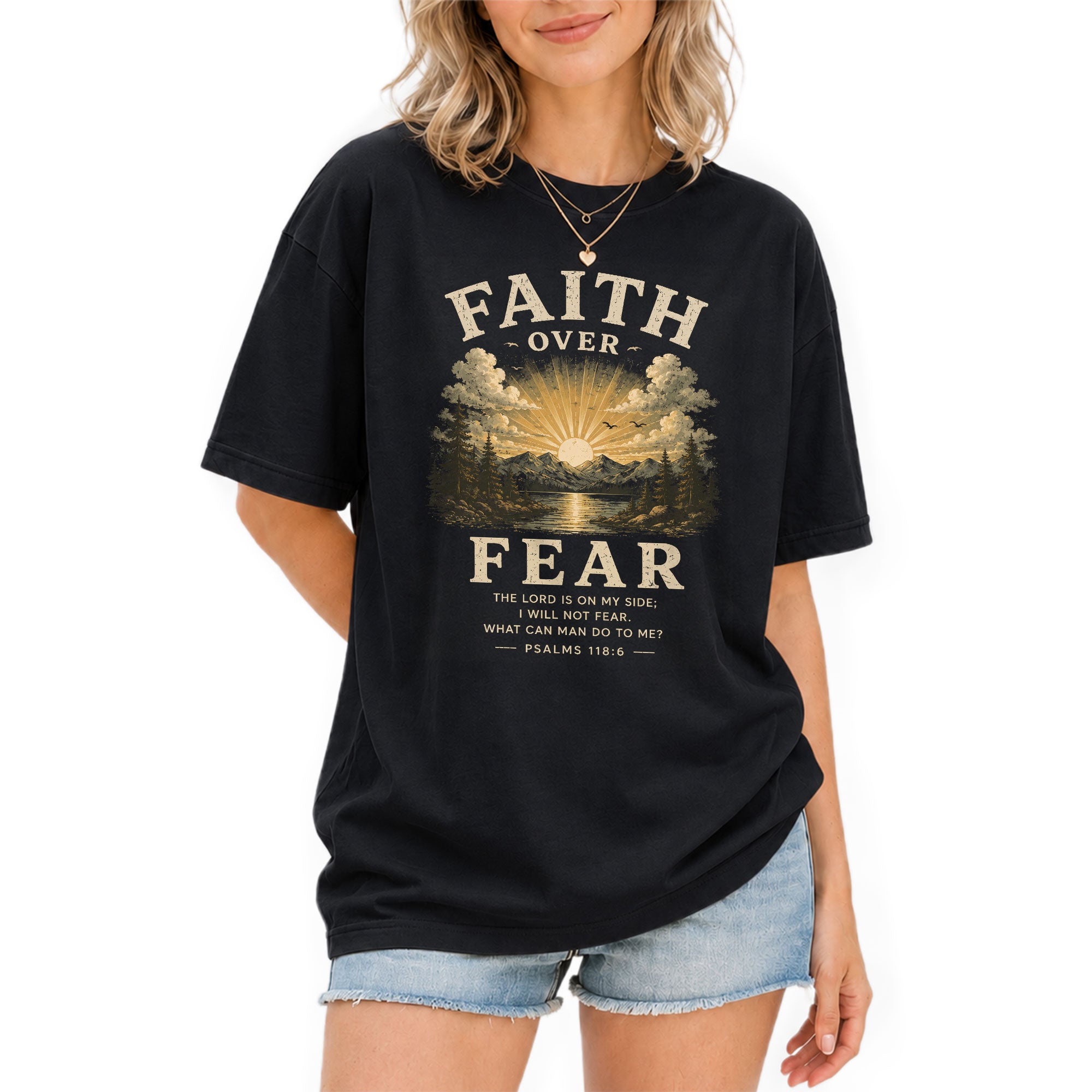 Faith Over Fear Christian Women Shirt Vintage Mountain Sunset Bible Verse T-Shirt - Rust Field Wear