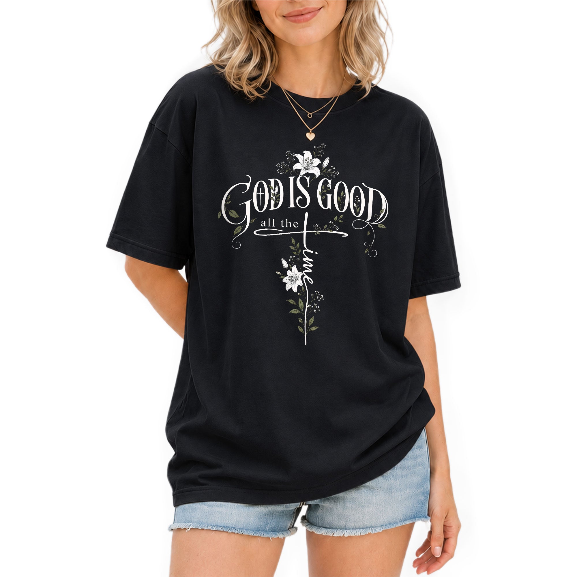 God Is Good All The Time Cross Floral Christian Graphic Casual Crewneck Tee Women - Rust Field Wear