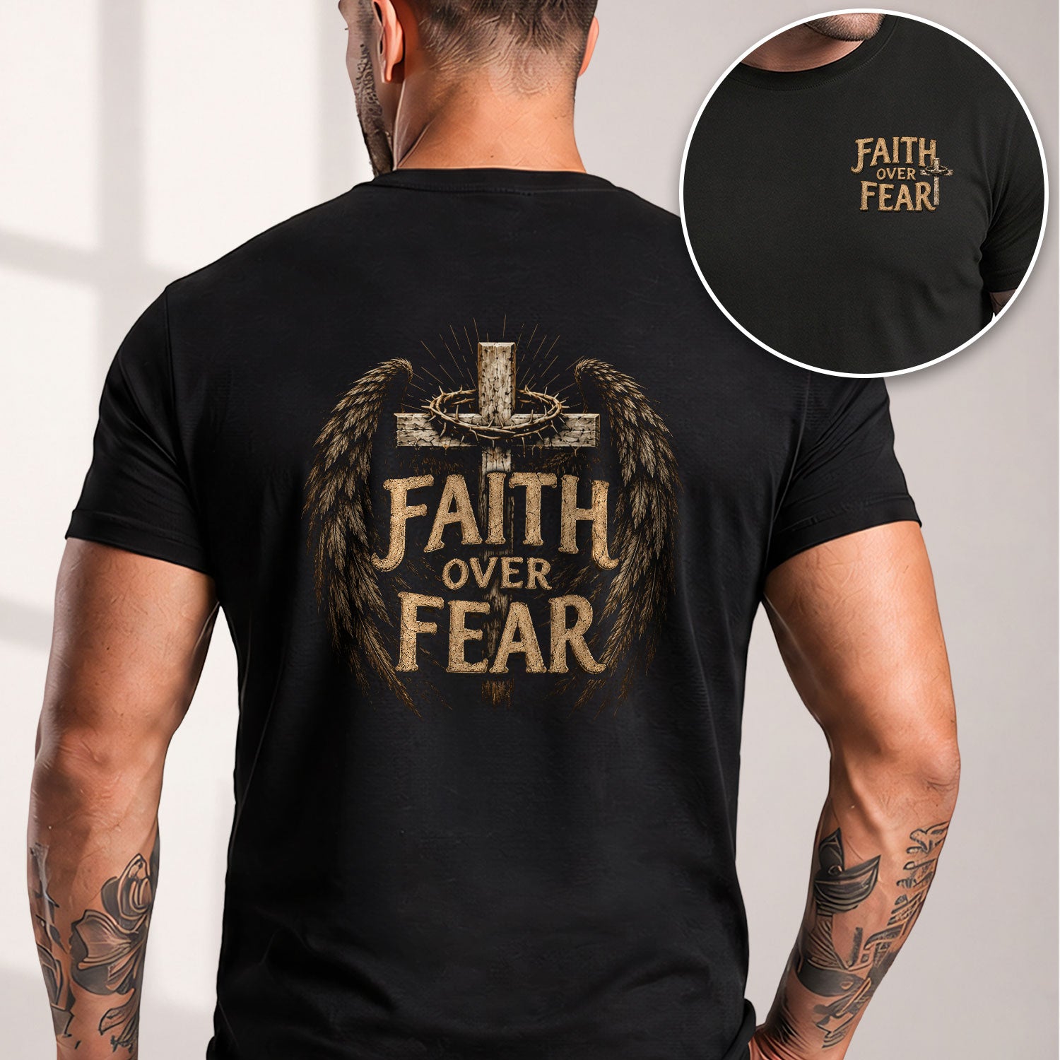 Faith Over Fear Cross Wings Crown Christian Graphic T-Shirt Unisex Casual Apparel - Rust Field Wear