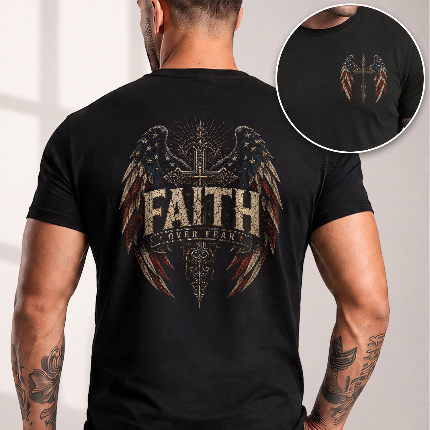 Faith Over Fear T Shirt American Flag Wings Cross Religious Apparel Tee Top Unisex