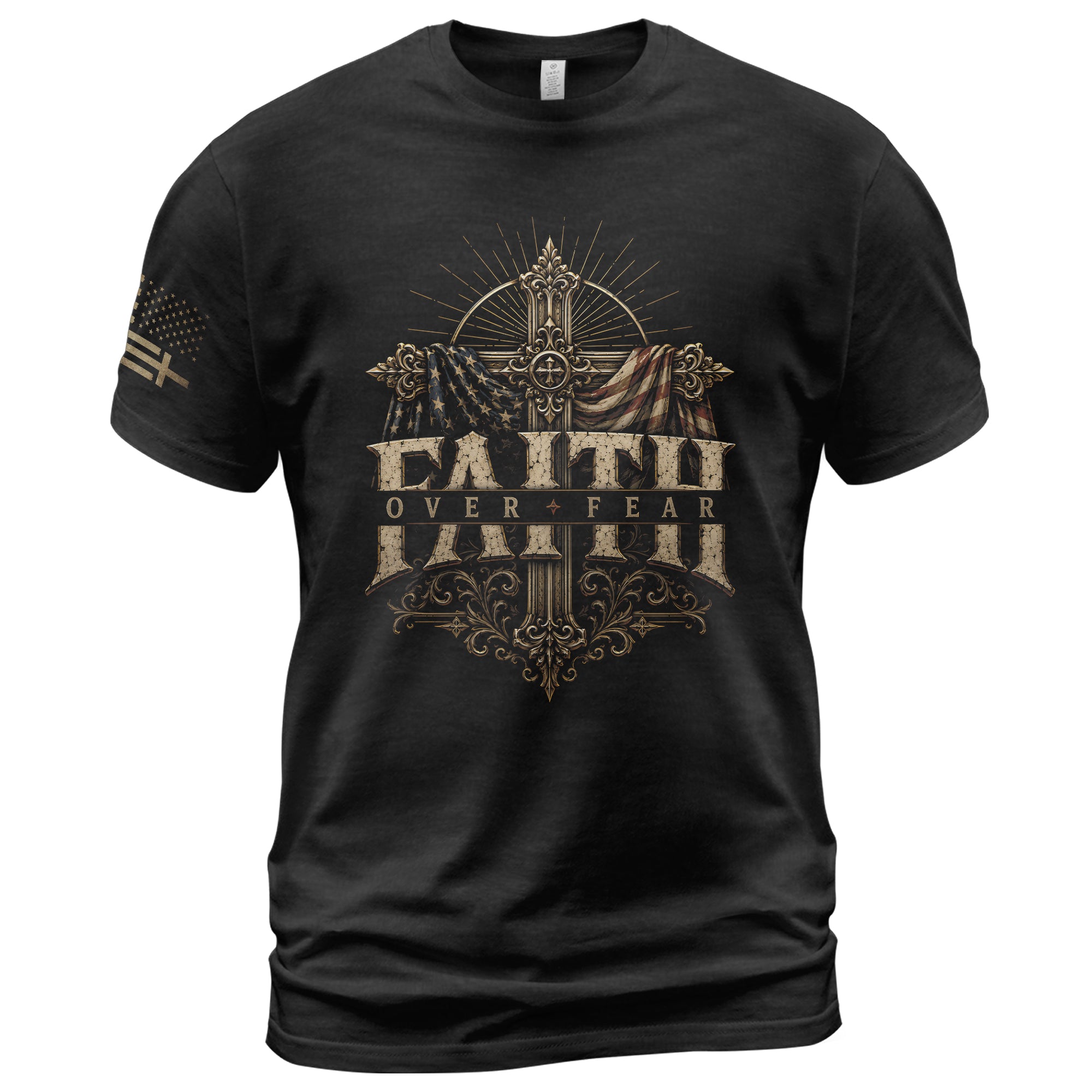 Faith Over Fear T Shirt Christian Cross American Flag Vintage Religious Patriotic Tee