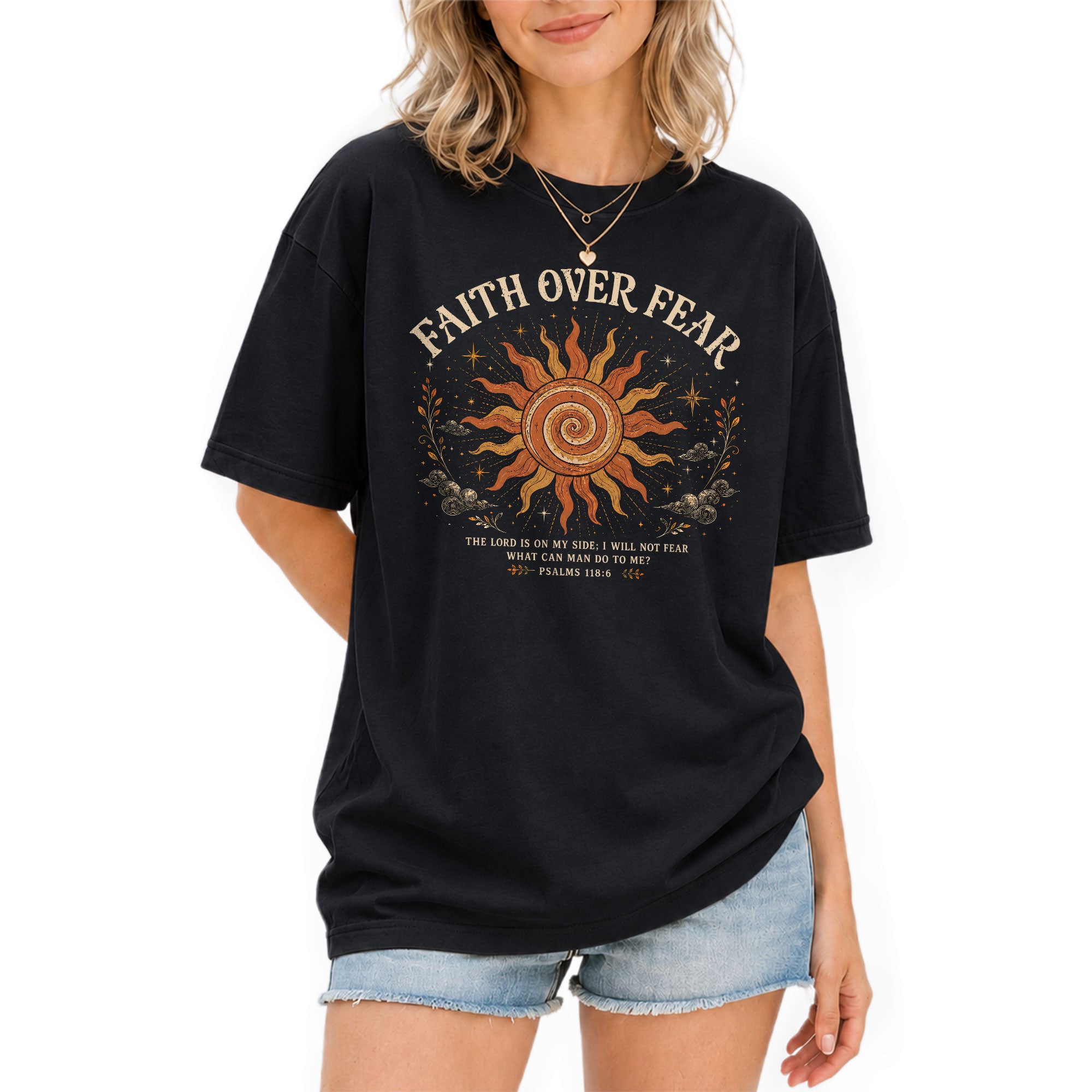 Faith Over Fear T Shirt Christian Women Sun Clouds Psalms 118 6 Religious Tee Top - Rust Field Wear