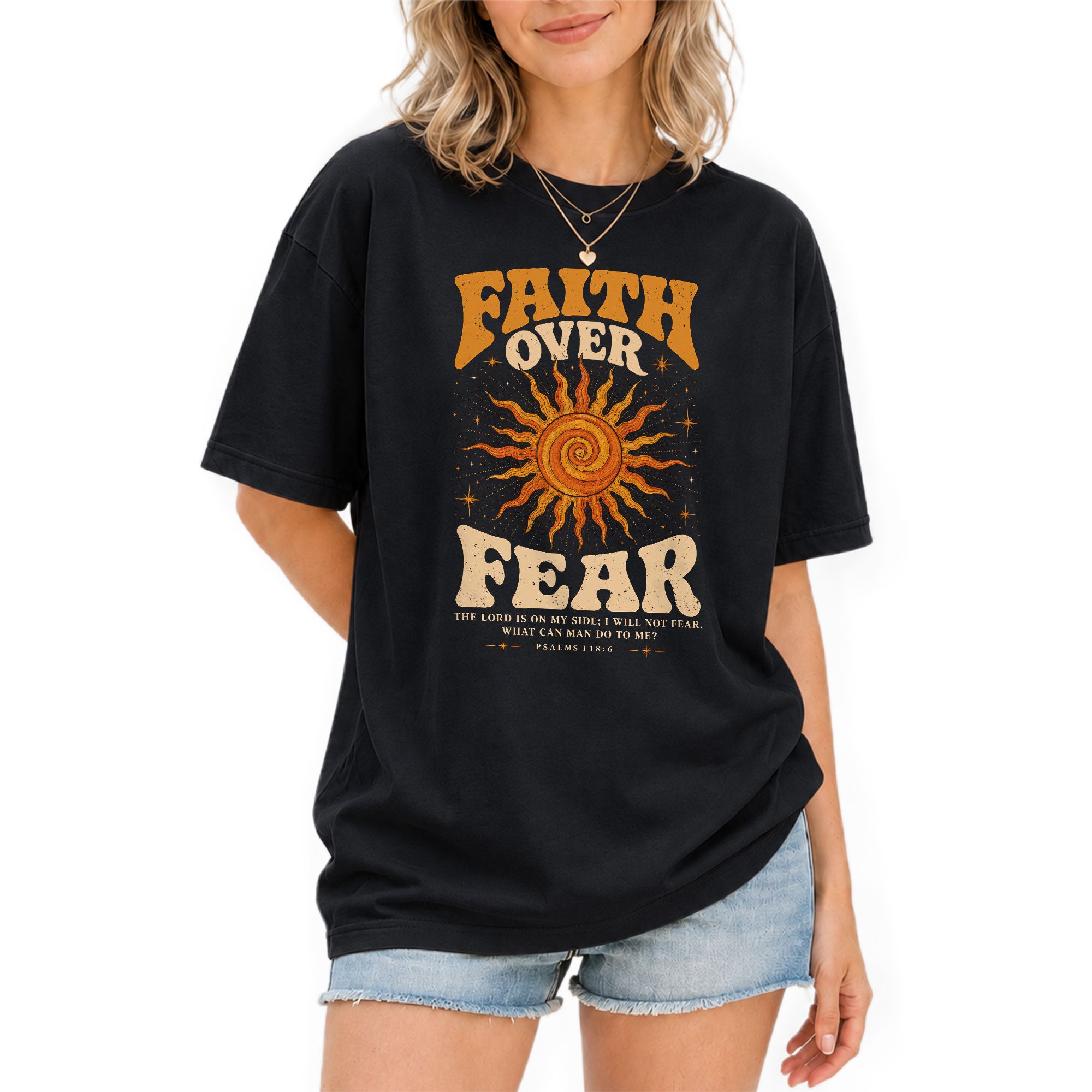 Faith Over Fear T Shirt Christian Women Retro Sun Stars Psalm 118 6 Religious Tee - Rust Field Wear