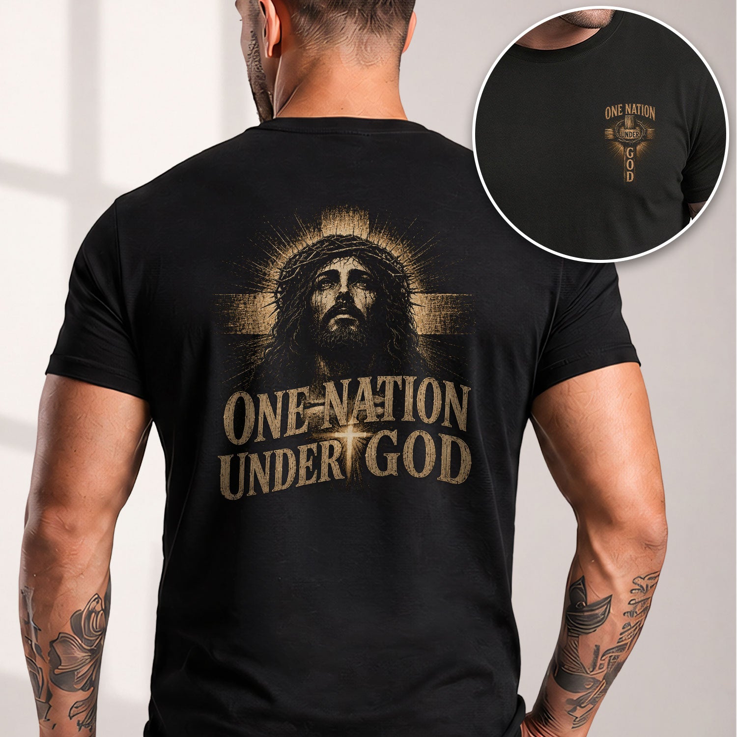 One Nation Under God Shirt Patriotic Christian Men Shirt Jesus Portrait Cross Graphic Tee - Rust Field Wear