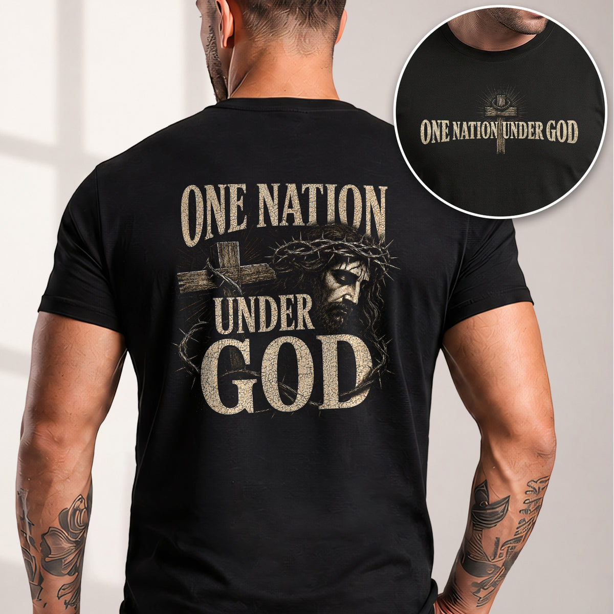 One Nation Under God Shirt Patriotic Christian Men Shirt Jesus Crown Of Thorns Cross Tee - Rust Field Wear