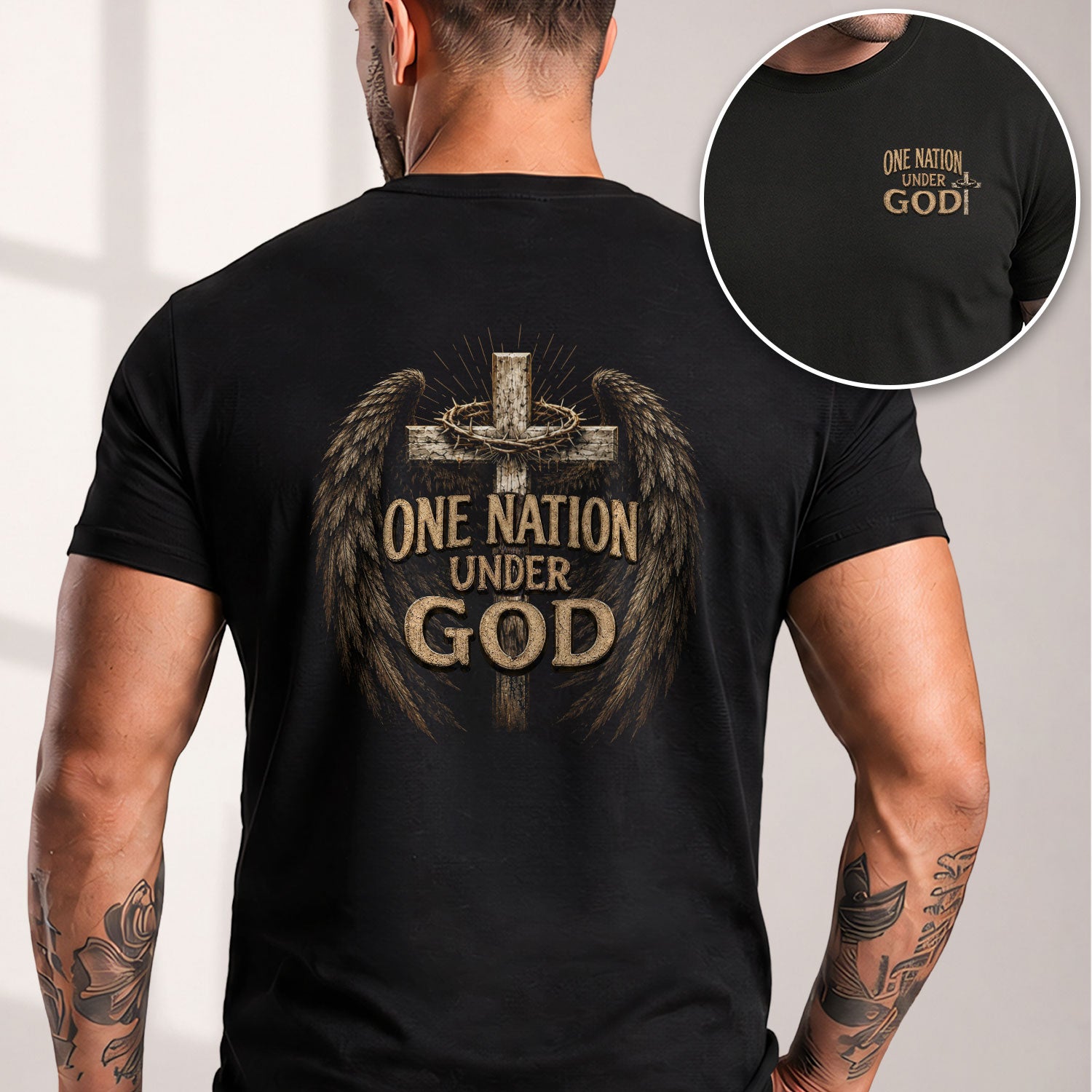 One Nation Under God Shirt Patriotic Christian Men Shirt Angel Wings Cross Crown Of Thorns - Rust Field Wear
